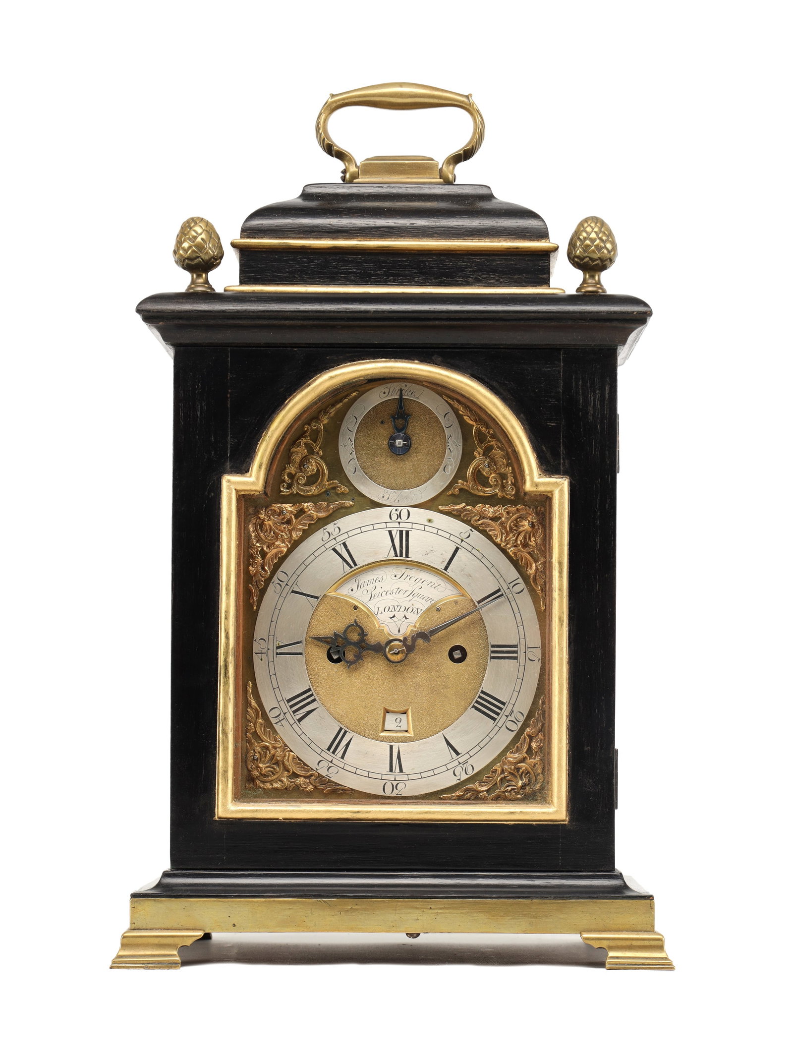 JAMES TREGENT, LONDON. A MINIATURE GEORGE III VERGE DOUBLE FUSEE BRACKET CLOCK IN LATER CASE (1 of 11)