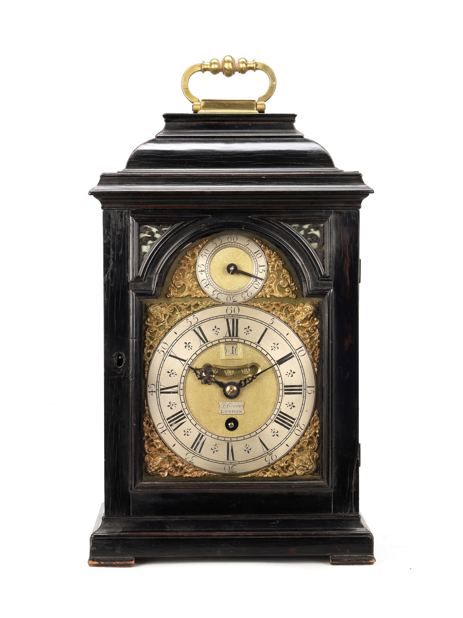 FRANCIS GREGG, LONDON. A SMALL GEORGE II EBONY VENEERED PULL QUARTER REPEATING VERGE BRACKET CLOCK: FRANCIS GREGG, LONDON. A SMALL GEORGE II EBONY VENERED PULL QUARTER REPEATING VERGE BRACKET CLOCK the caddy top case with brass carrying handle and glazed sides with pierced sound frets enclosing a 6'