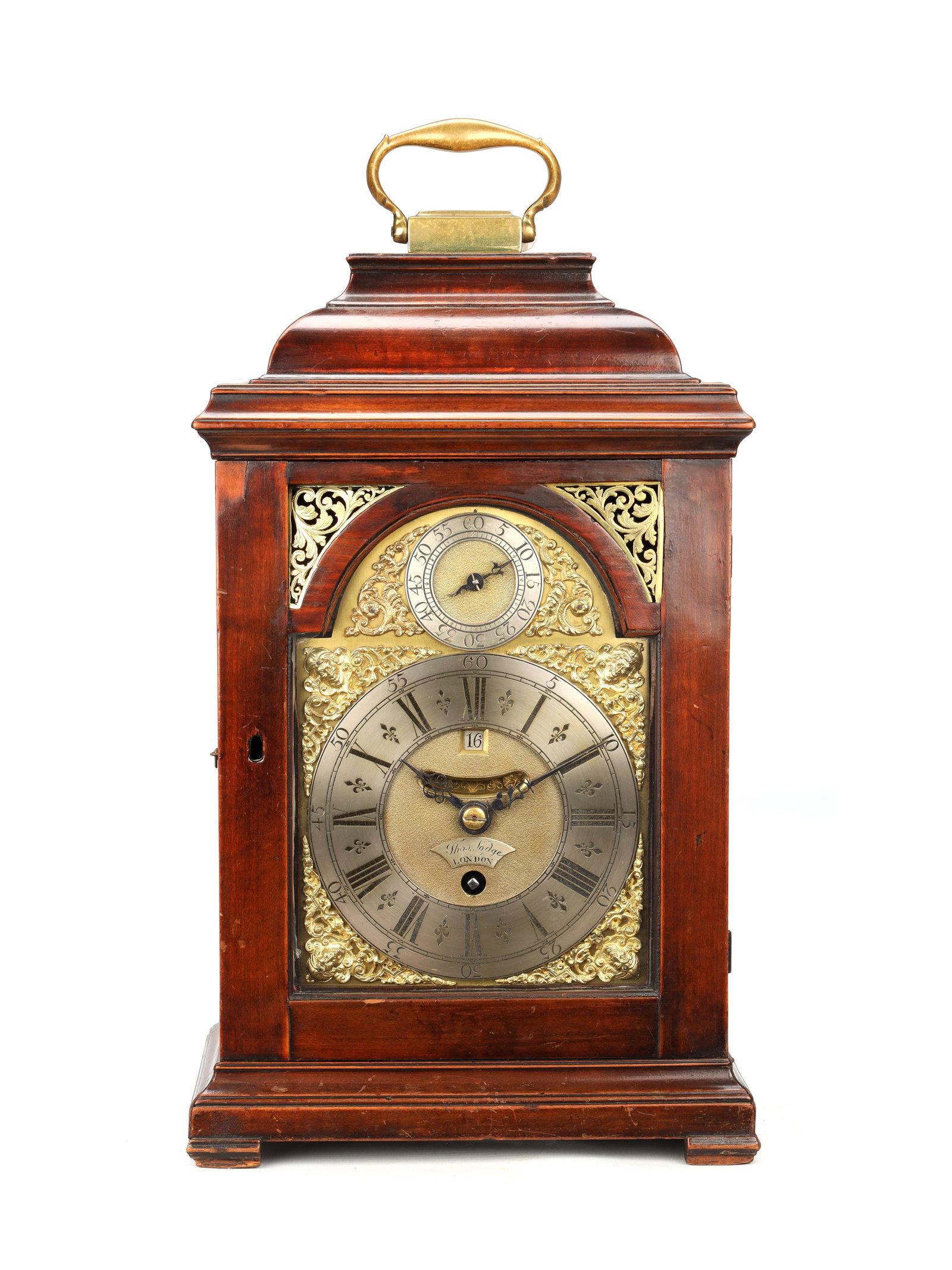 THOMAS LODGE, LONDON. A SMALL GEORGE II FRUITWOOD VERGE PULL QUARTER REPEATING TIMEPIECE BRACKET: THOMAS LODGE, LONDON. A SMALL GEORGE II FRUITWOOD VERGE PULL QUARTER REPEATING TIMEPIECE BRACKET CLOCK the fruitwood case with caddy top and brass carry handle, moulded base and block feet enclosing a