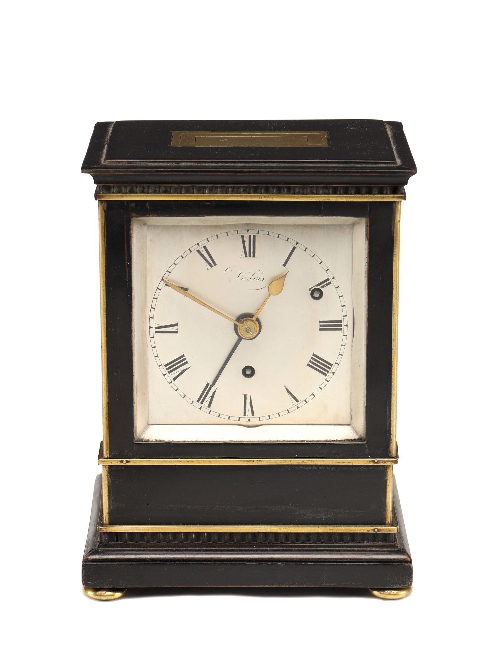 DESBOIS, LONDON, A SMALL EBONISED LIBRARY CLOCK WITH ALARM, CIRCA 1810: DESBOIS, LONDON, A SMALL EBONISED LIBRARY CLOCK WITH ALARM, CIRCA 1810 in a small ebonised rectangular case with brass mounts and moulded base on bun feet enclosing a 3 1/2' silvered Roman dial, front