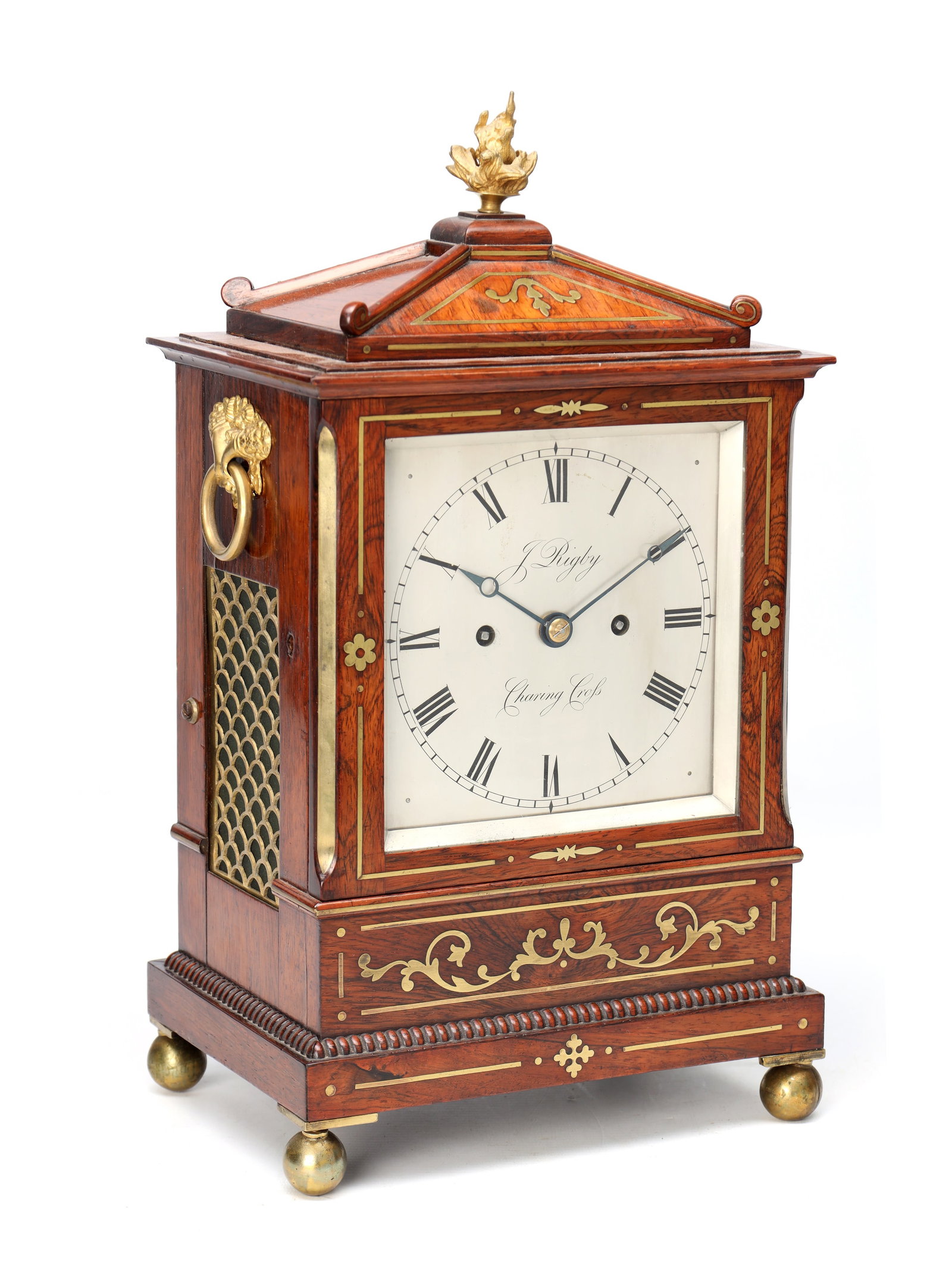 JAMES RIGBY, CHARING CROSS. A SMALL REGENCY BRASS INLAID ROSEWOOD STRIKING BRACKET CLOCK (1 of 11)