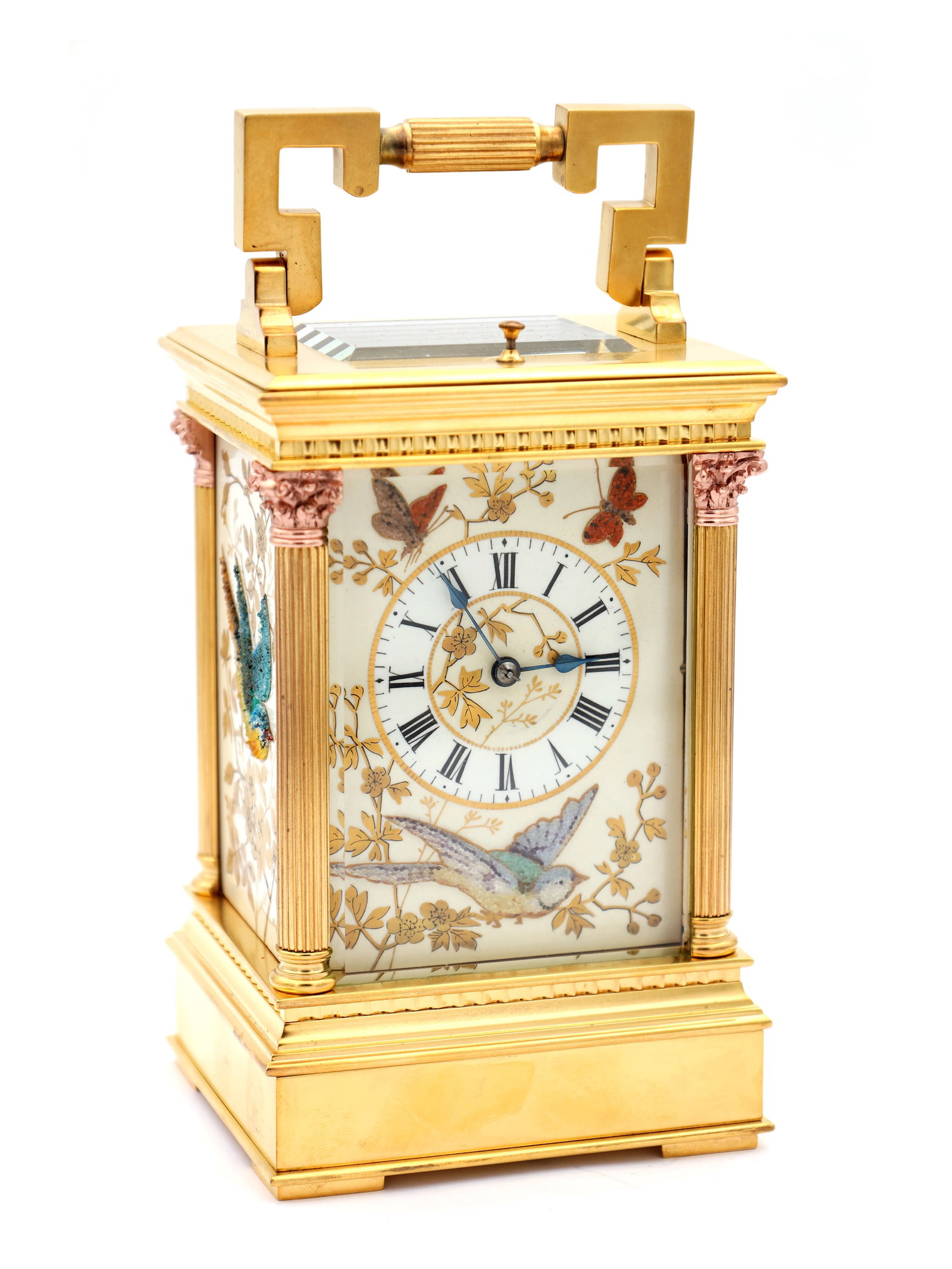 AN UNUSUAL LATE 19TH CENTURY FRENCH PORCELAIN AND RAISED JEWELLED PANELLED REPEATING CARRIAGE CLOCK: AN UNUSUAL LATE 19TH CENTURY FRENCH PORCELAIN AND RAISED JEWELLED PANELLED REPEATING CARRIAGE CLOCK having a gilt brass case with fluted columns and Corinthian capitals, enclosing panels decorated wit