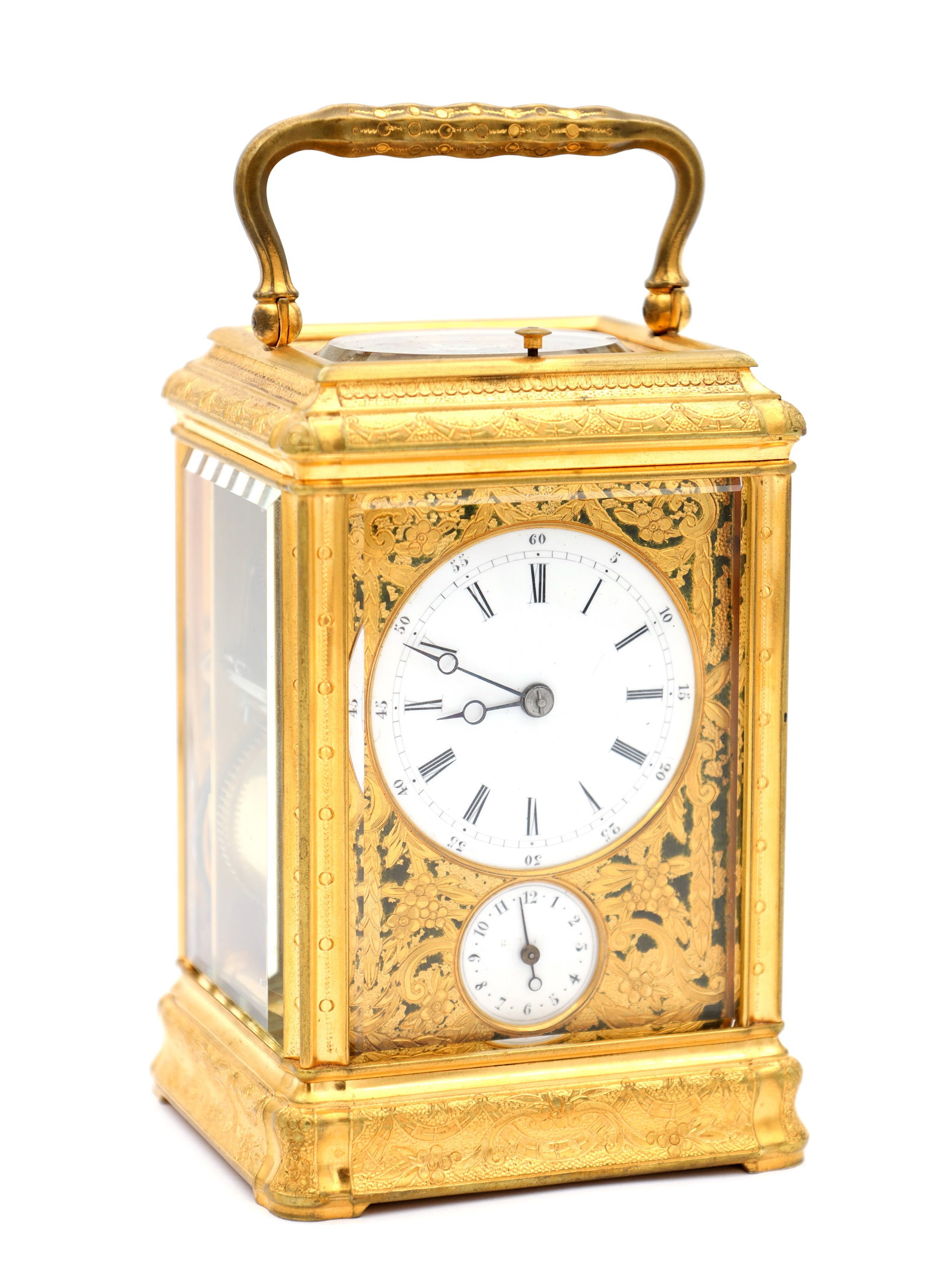 DROCOURT, PARIS. A LATE 19TH CENTURY GORGE CASED GILT BRASS ENGRAVED AND ENAMELLED REPEATING: DROCOURT, PARIS. A LATE 19TH CENTURY GORGE CASED GILT BRASS ENGRAVED AND ENAMELLED REPEATING CARRIAGE CLOCK having a carrying handle and engraved black enamelled panels, enclosing a white enamel Roman