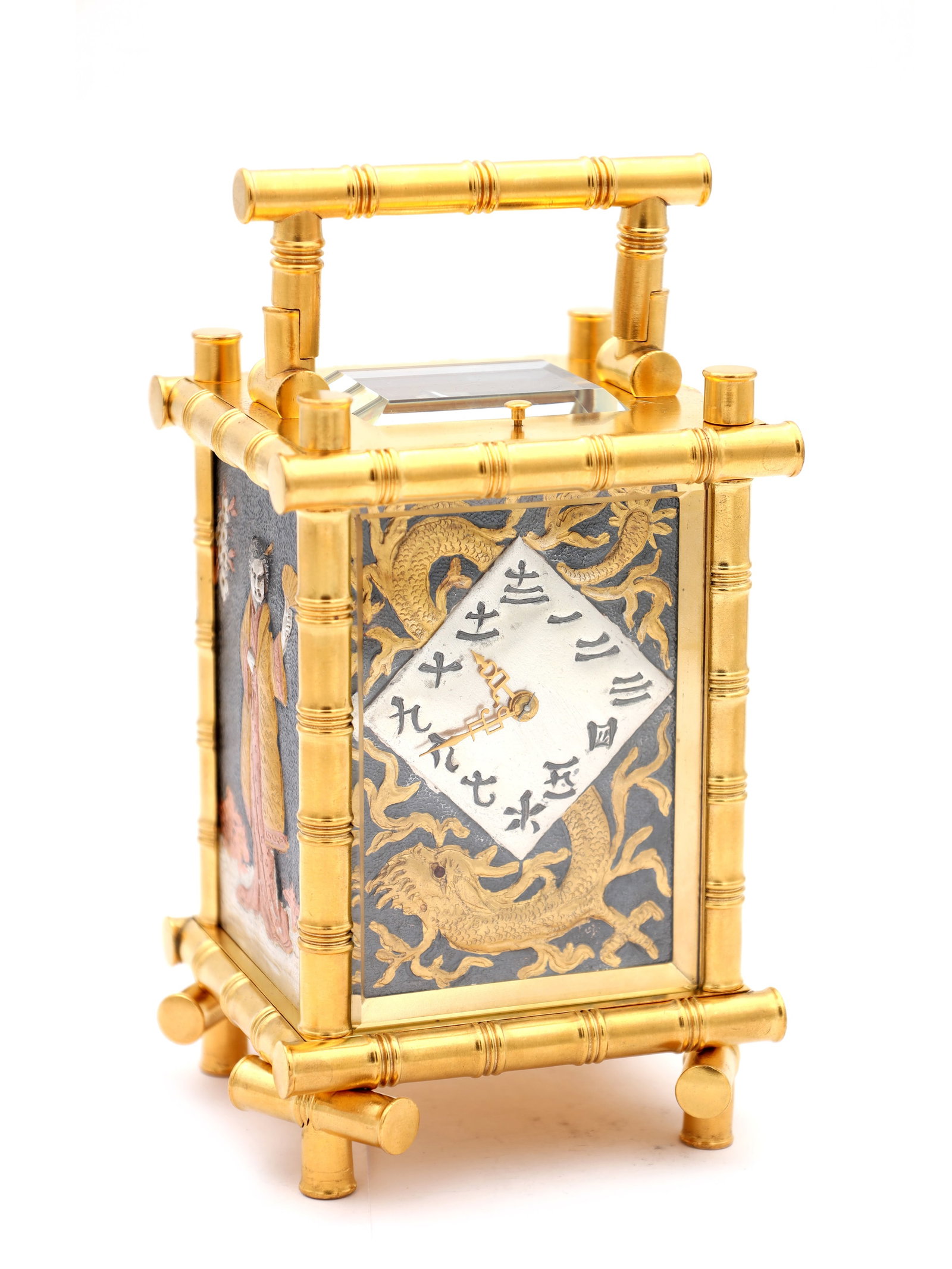 HENRI JACOT A LATE 19TH CENTURY FRENCH GILT BRASS BRONZE AND MIXED METAL REPEATING CARRIAGE CLOCK: HENRI JACOT A LATE 19TH CENTURY FRENCH GILT BRASS BRONZE AND MIXED METAL REPEATING CARRIAGE CLOCK of Oriental design having a simulated bamboo case enclosing panels depicting Oriental figures and drag