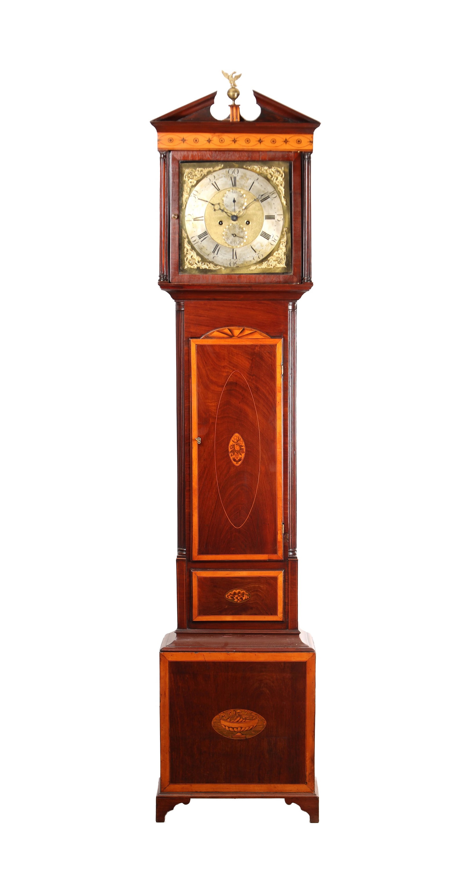 FRANCIS DUNN, DUBLIN. A GEORGE III FIGURED MAHOGANY AND SATINWOOD INLAID LONGCASE CLOCK: FRANCIS DUNN, DUBLIN. A GEORGE III FIGURED MAHOGANY AND SATINWOOD INLAID LONGCASE CLOCK having a swan-neck pediment with eagle finial, inlaid frieze and fluted columns, the trunk with satinwood-banded