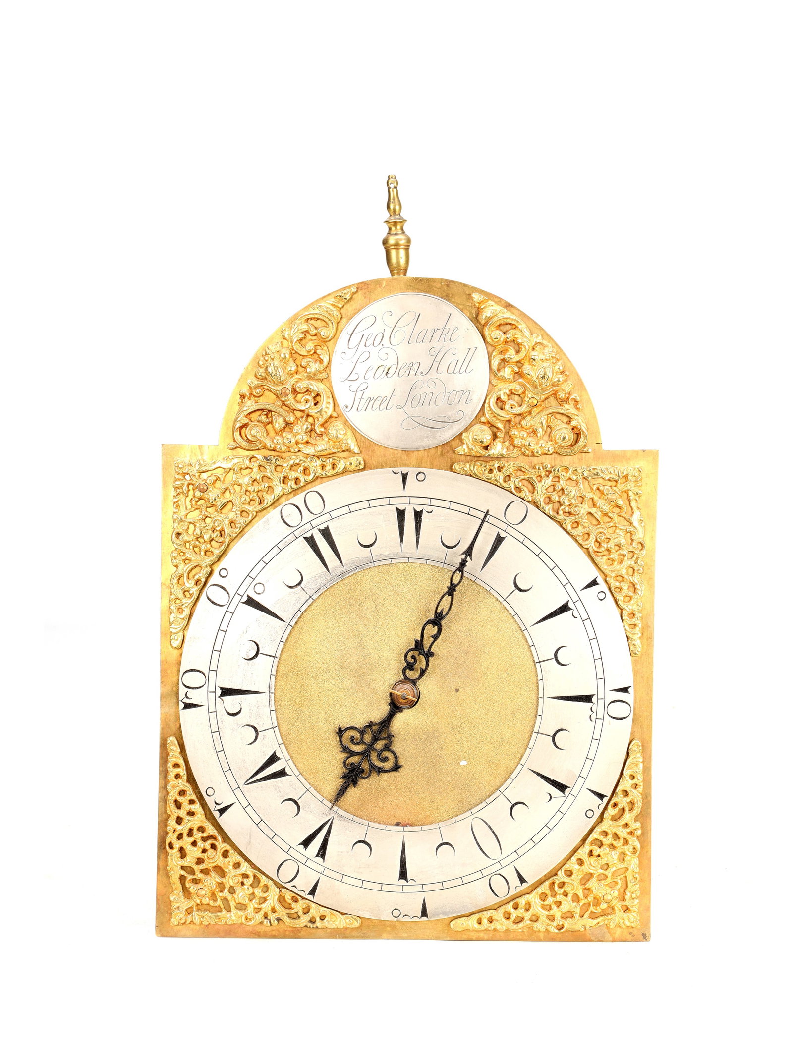 GEORGE CLARKE, LONDON. AN EARLY 18TH CENTURY BRASS ARCHED DIAL LANTERN CLOCK: GEORGE CLARKE, LONDON. AN EARLY 18TH CENTURY BRASS ARCHED DIAL LANTERN CLOCK the arched brass dial plate with foliate cast spandrels and signed roundel to the arch enclosing a 10' matted centre with s