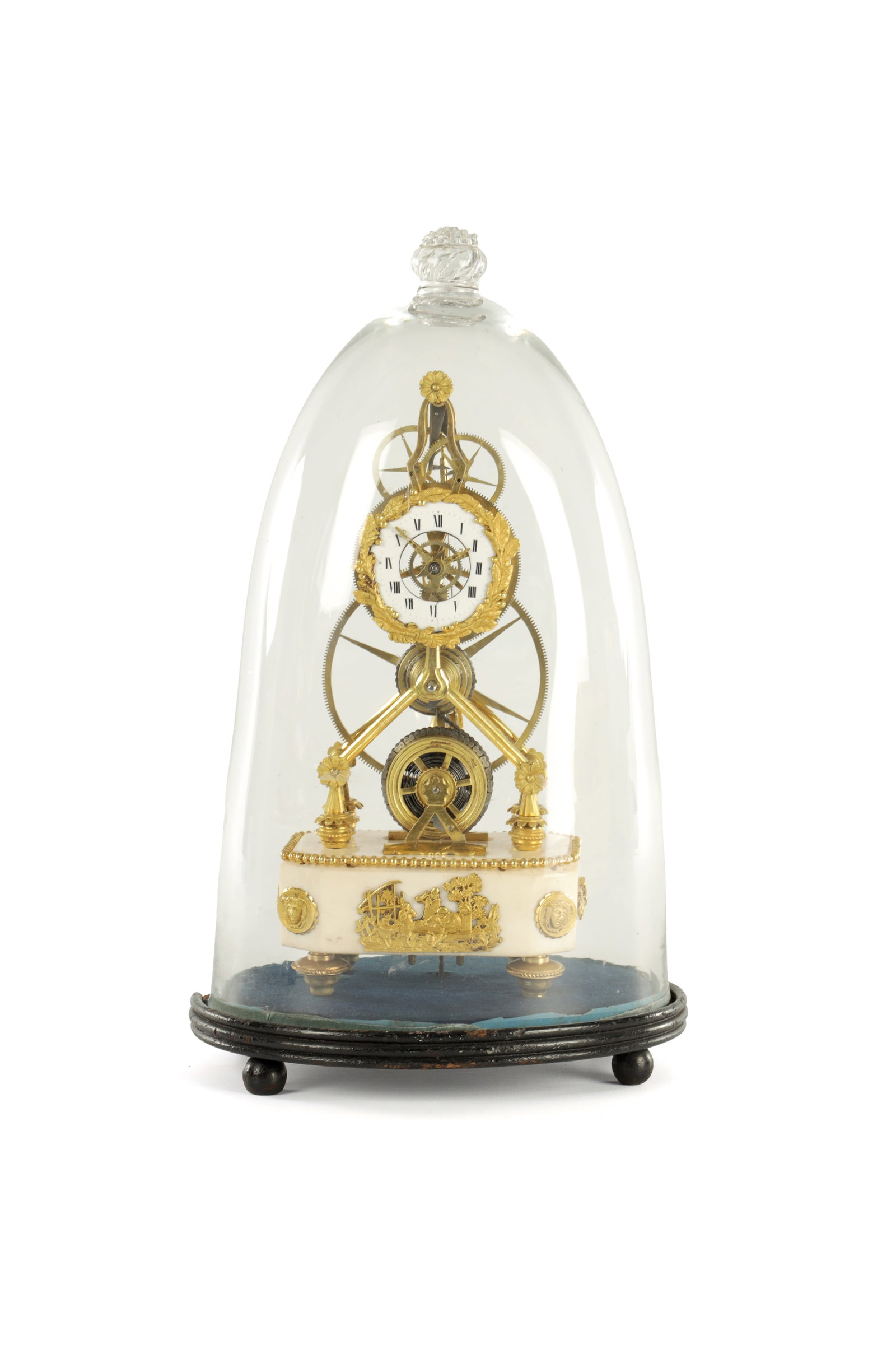 AN EARLY 19TH CENTURY FRENCH EMPIRE SINGLE FUSEE SKELETON CLOCK WITH PIN WHEEL ESCAPEMENT: AN EARLY 19TH CENTURY FRENCH EMPIRE SINGLE FUSEE SKELETON CLOCK WITH PIN WHEEL ESCAPEMENT the enamel chapter ring with Roman numerals fronting an angled frame with large six-spoke wheel and pin wheel 