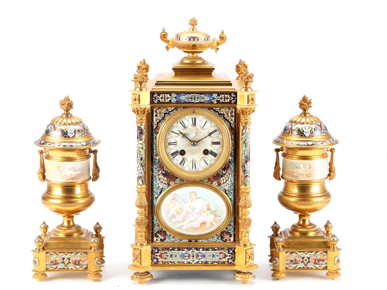 A GOOD QUALITY LATE 19TH CENTURY FRENCH GILT CASED CHAMPLEVE ENAMEL AND PORCELAIN PANELLED CLOCK (1 of 18)