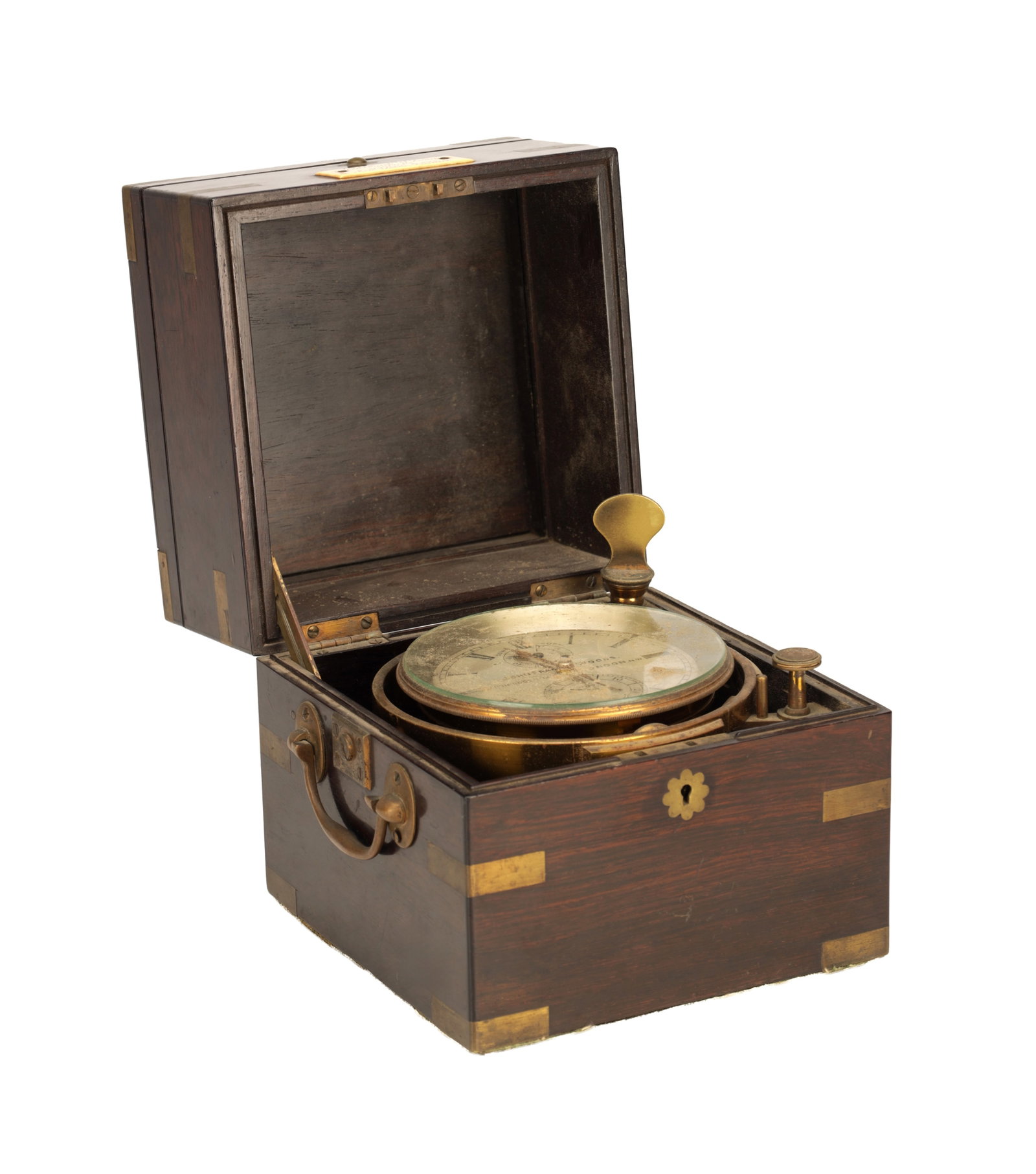 JOHN FRANCIS WOODS, LONDON. A LATE 19TH CENTURY TWO-DAY MARINE CHRONOMETER: JOHN FRANCIS WOODS, LONDON. A LATE 19TH CENTURY TWO-DAY MARINE CHRONOMETER the brass gimballed drum-shaped case enclosing a 4in silvered engraved dial with gold hands, subsidiary seconds dial and powe