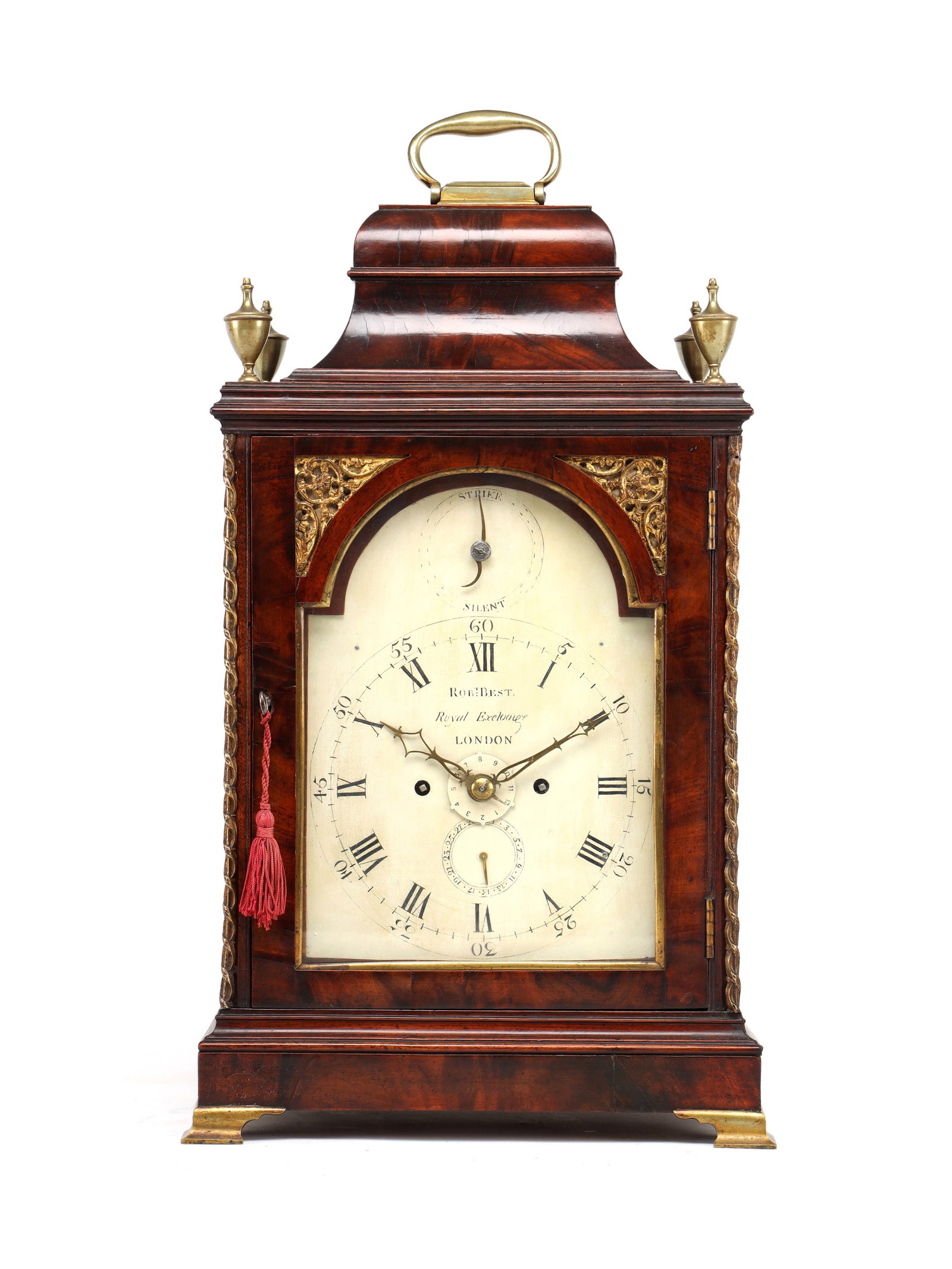 ROBERT BEST, LONDON. A GEORGE III ORMOLU MOUNTED FIGURED MAHOGANY VERGE BRACKET CLOCK WITH ALARM (1 of 11)