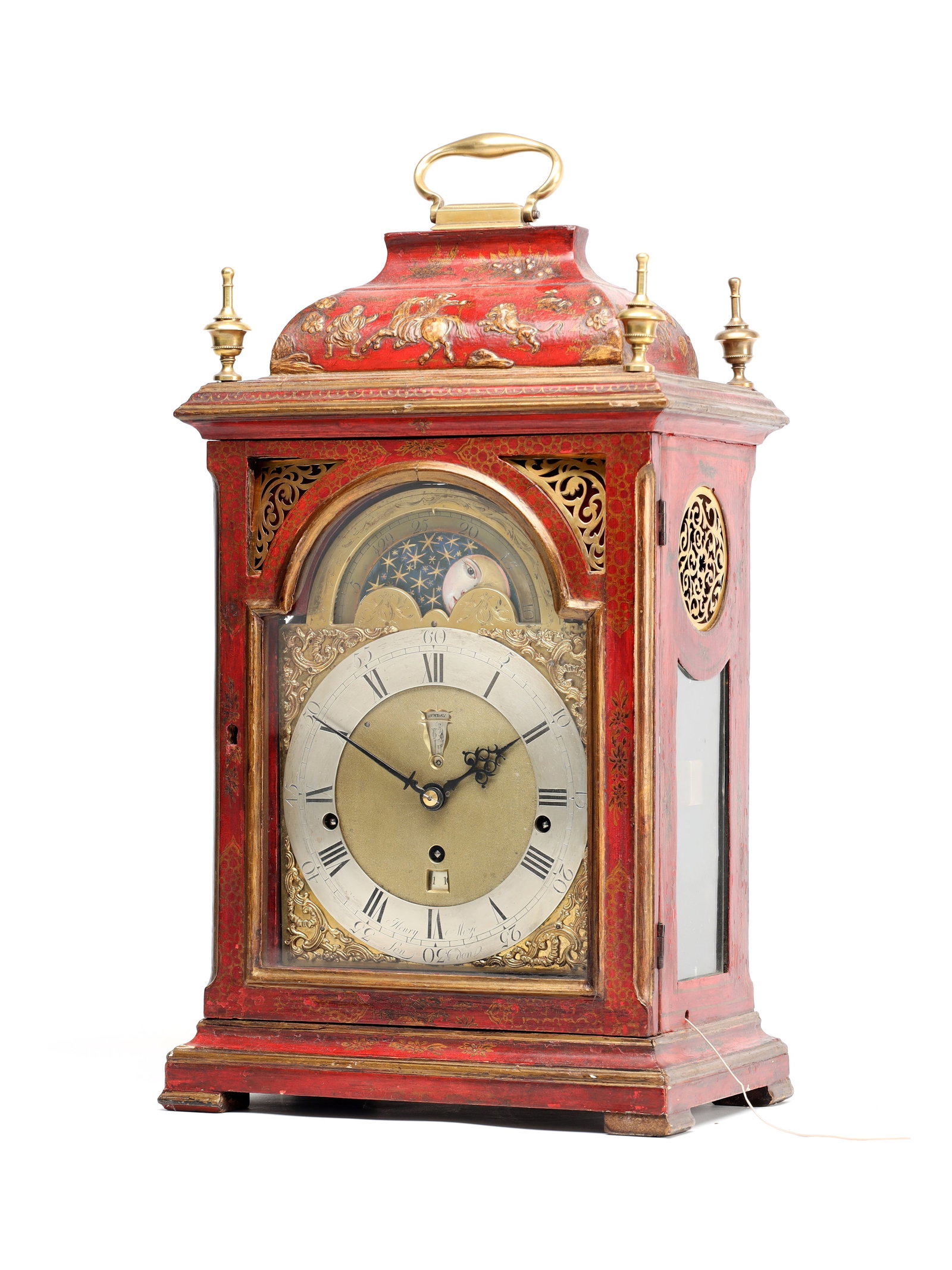 HENRY MOZE, LONDON. A MID 18TH CENTURY SCARLET LACQUER CHINOISERIE QUARTER CHIMING BRACKET CLOCK (1 of 20)