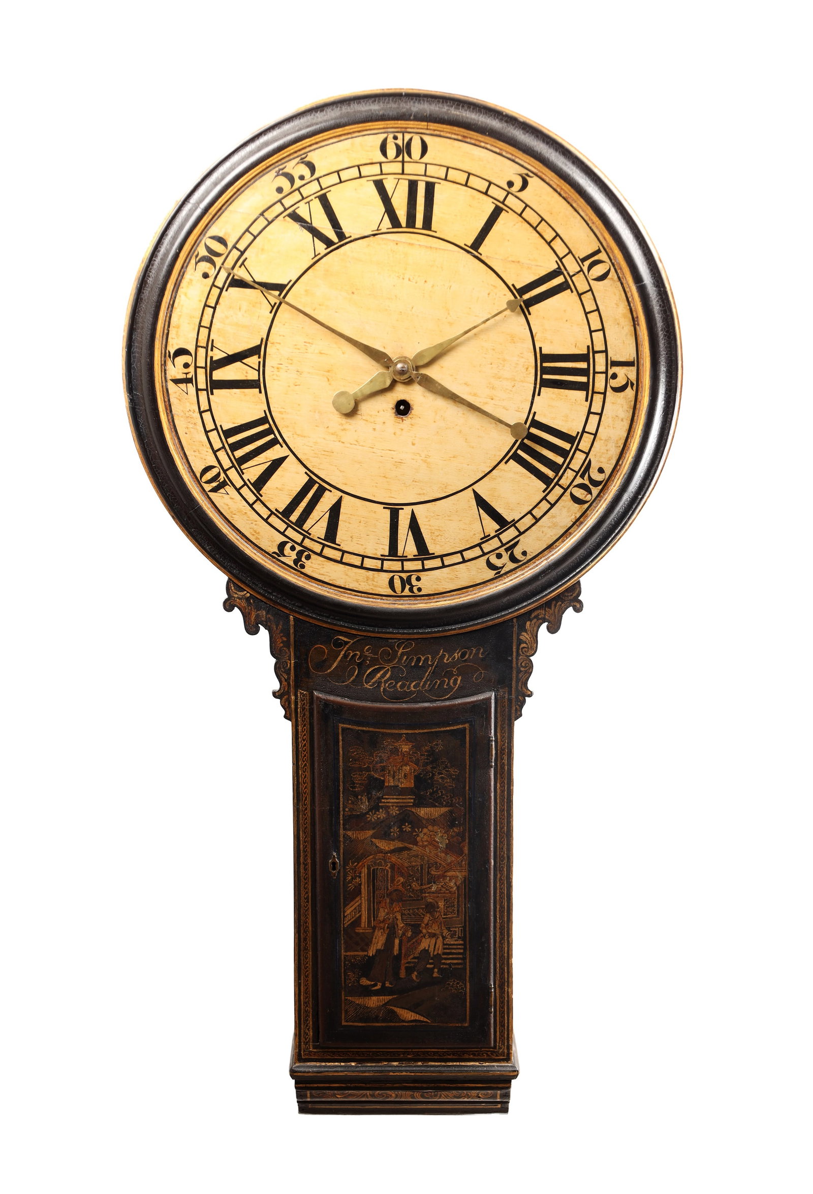 JOHN SIMPSON, READING. AN IMPRESSIVE 18TH CENTURY EIGHT-DAY WEIGHT-DRIVEN APANNED TAVERN CLOCK: JOHN SIMPSON, READING. AN IMPRESSIVE 18TH CENTURY EIGHT-DAY WEIGHT-DRIVEN APANNED TAVERN CLOCK, the case with shaped lower section and chinoiserie-decorated trunk door, enclosing a painted 25' circula