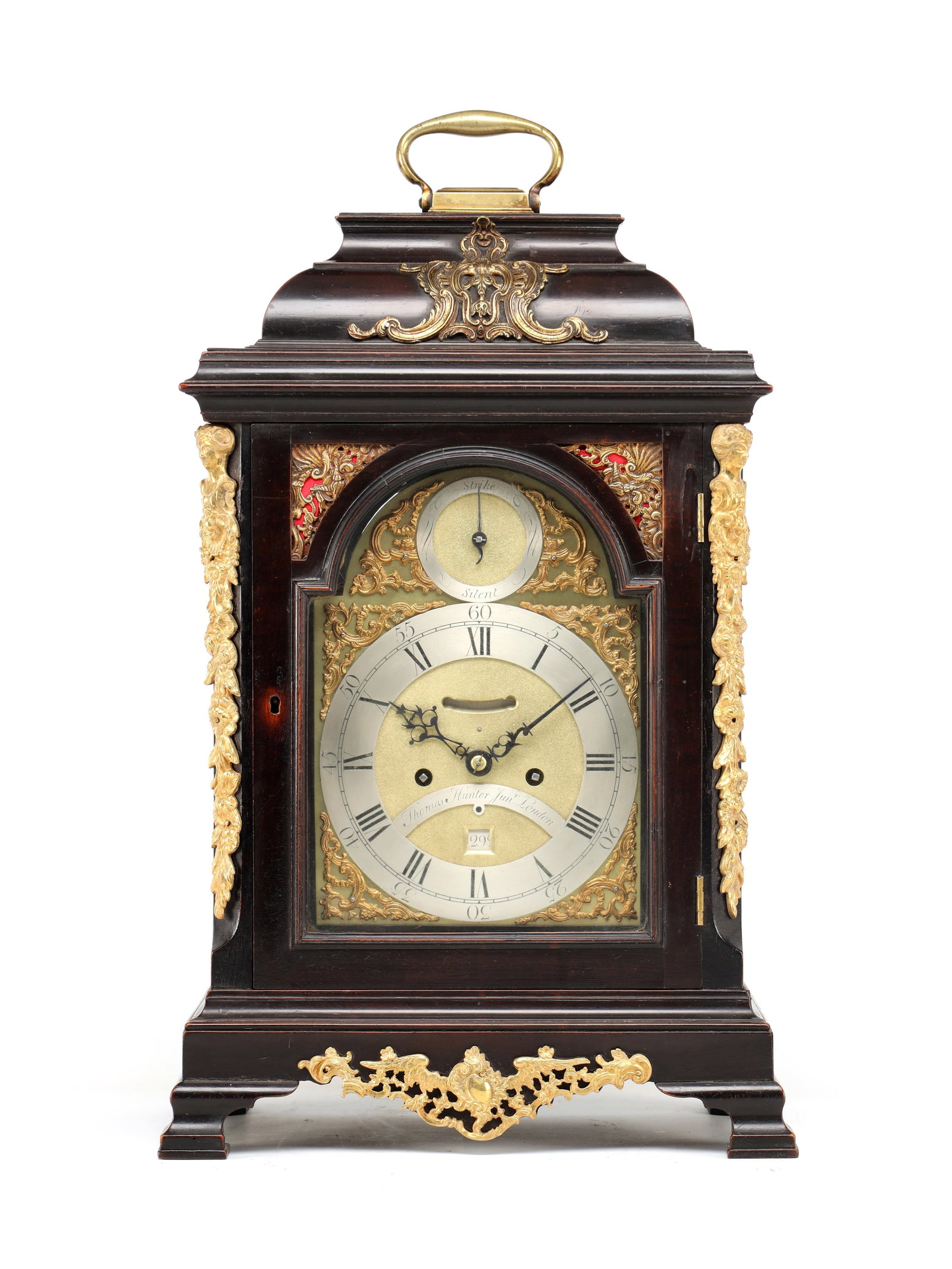 THOMAS HUNTER JR., LONDON. A GEORGE III ORMOLU MOUNTED EBONISED VERGE STRIKING BRACKET CLOCK (1 of 14)