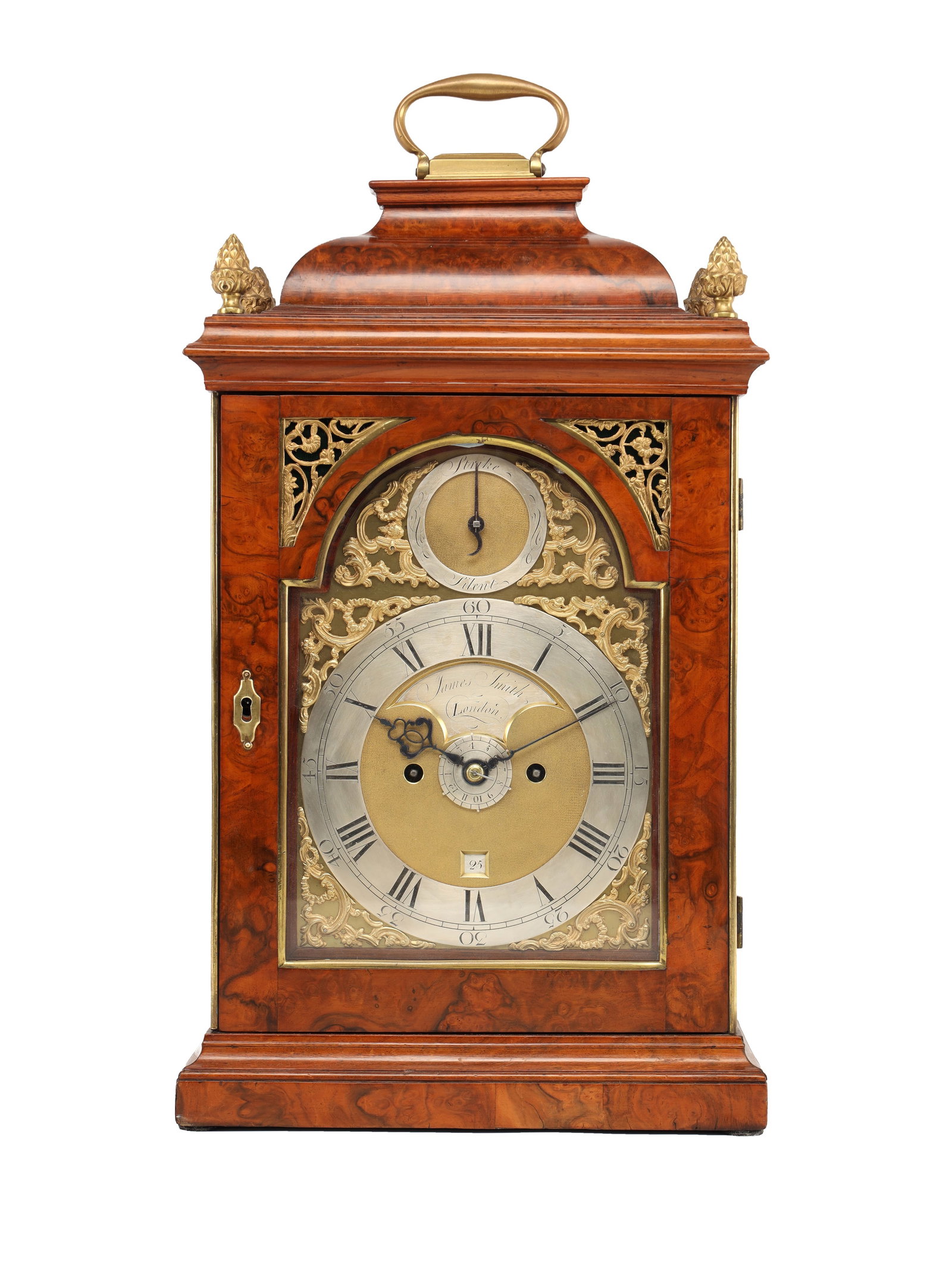 JAMES SMITH, LONDON. A GEORGE III BURR WALNUT VERGE BRACKET CLOCK WITH ALARM (1 of 11)