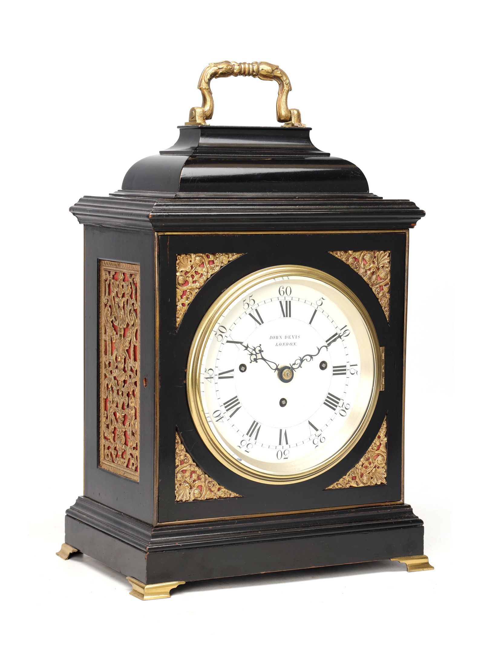 JOHN DEVIS, LONDON. A GEORGE III EBONISED QUARTER CHIMING VERGE BRACKET CLOCK: JOHN DEVIS, LONDON. A GEORGE III EBONISED QUARTER CHIMING VERGE BRACKET CLOCK in an ebonised bell top case with gilt-brass carrying handle, moulded cornice and base, and pierced gilt sound frets to th