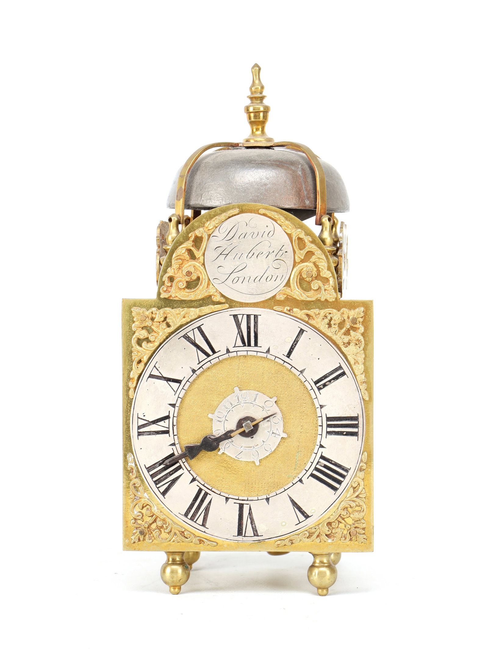 DAVID HUBERT, LONDON. A MINIATURE GEORGE II VERGE LANTERN CLOCK WITH ALARM: DAVID HUBERT, LONDON. A MINIATURE GEORGE II VERGE LANTERN CLOCK WITH ALARM the brass strapped case with pierced foliate frets, bell strap and turned finial over, standing on four ball feet, enclosing 