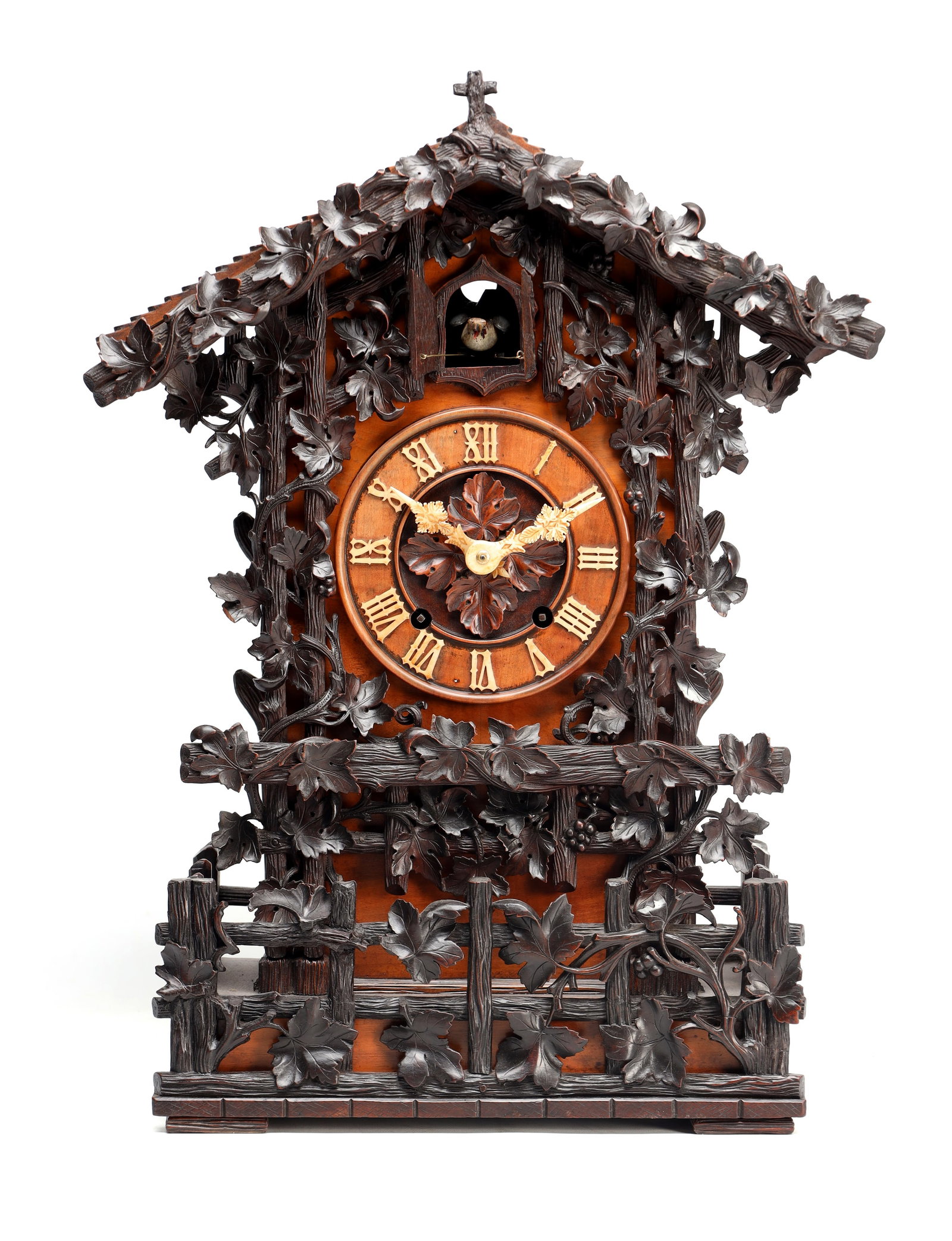 A GOOD 19TH CENTURY BLACK FOREST CARVED WALNUT DOUBLE FUSEE CUCKOO CLOCK (1 of 18)
