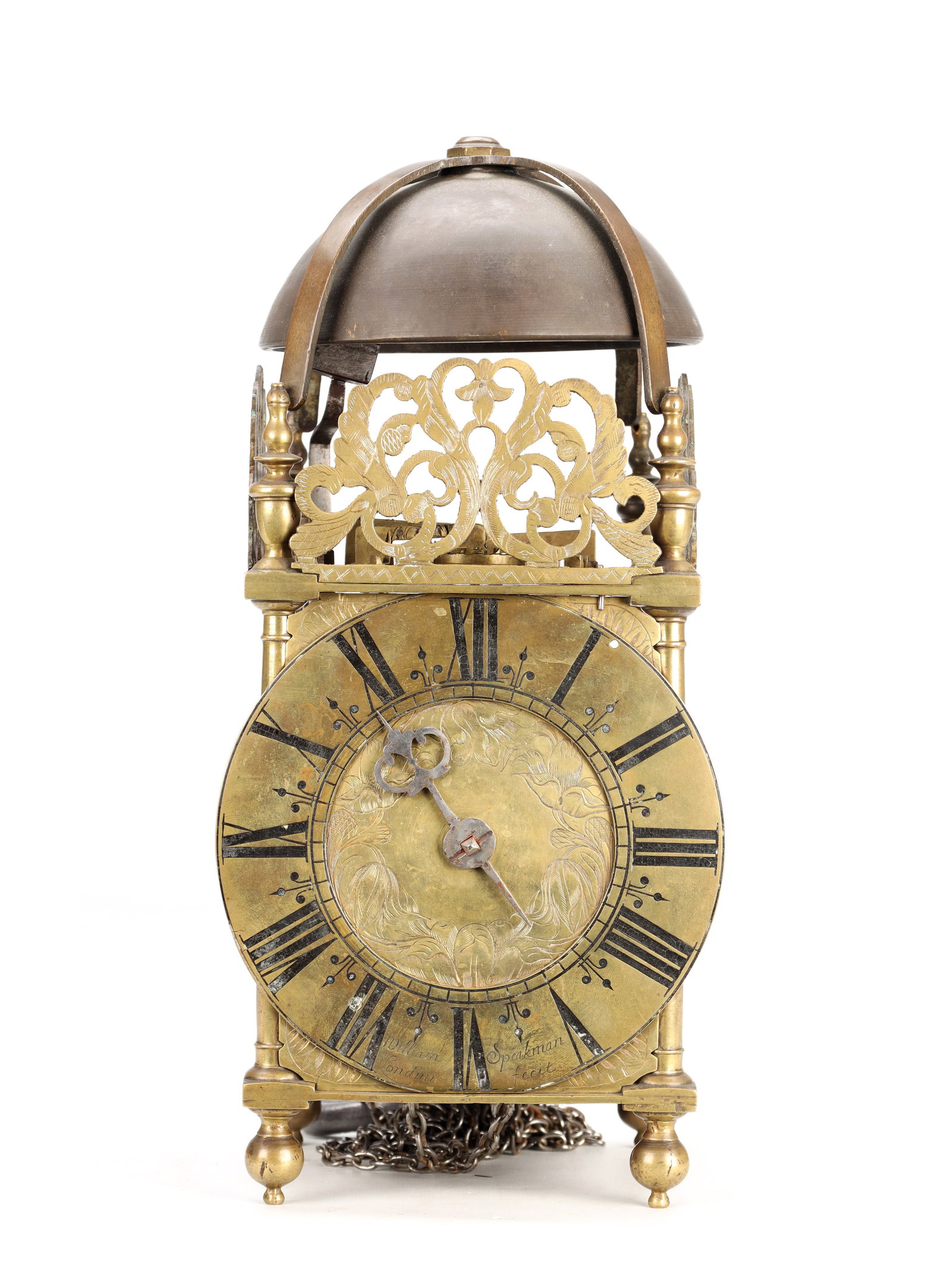 WILLIAM SPEAKMAN, LONDON A LATE 17TH CENTURY BRASS VERGE STRIKING LANTERN CLOCK (1 of 8)