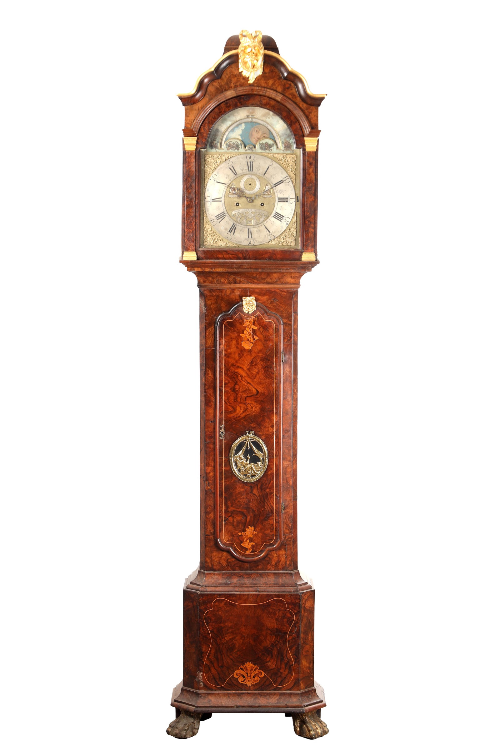 PIETERK ROESE, AMSTERDAM. AN 18TH CENTURY DUTCH INLAID WALNUT BRASS DIAL EIGHT-DAY MOON ROLLER (1 of 8)