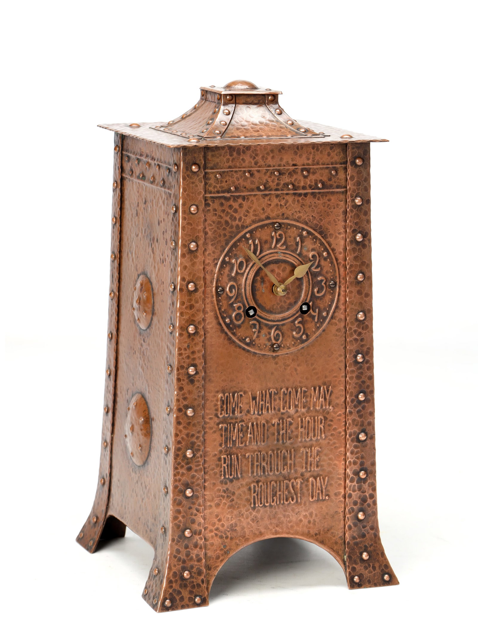 A LATE 19TH CENTURY ARTS AND CRAFTS PLANISHED COPPER MANTEL CLOCK (1 of 9)