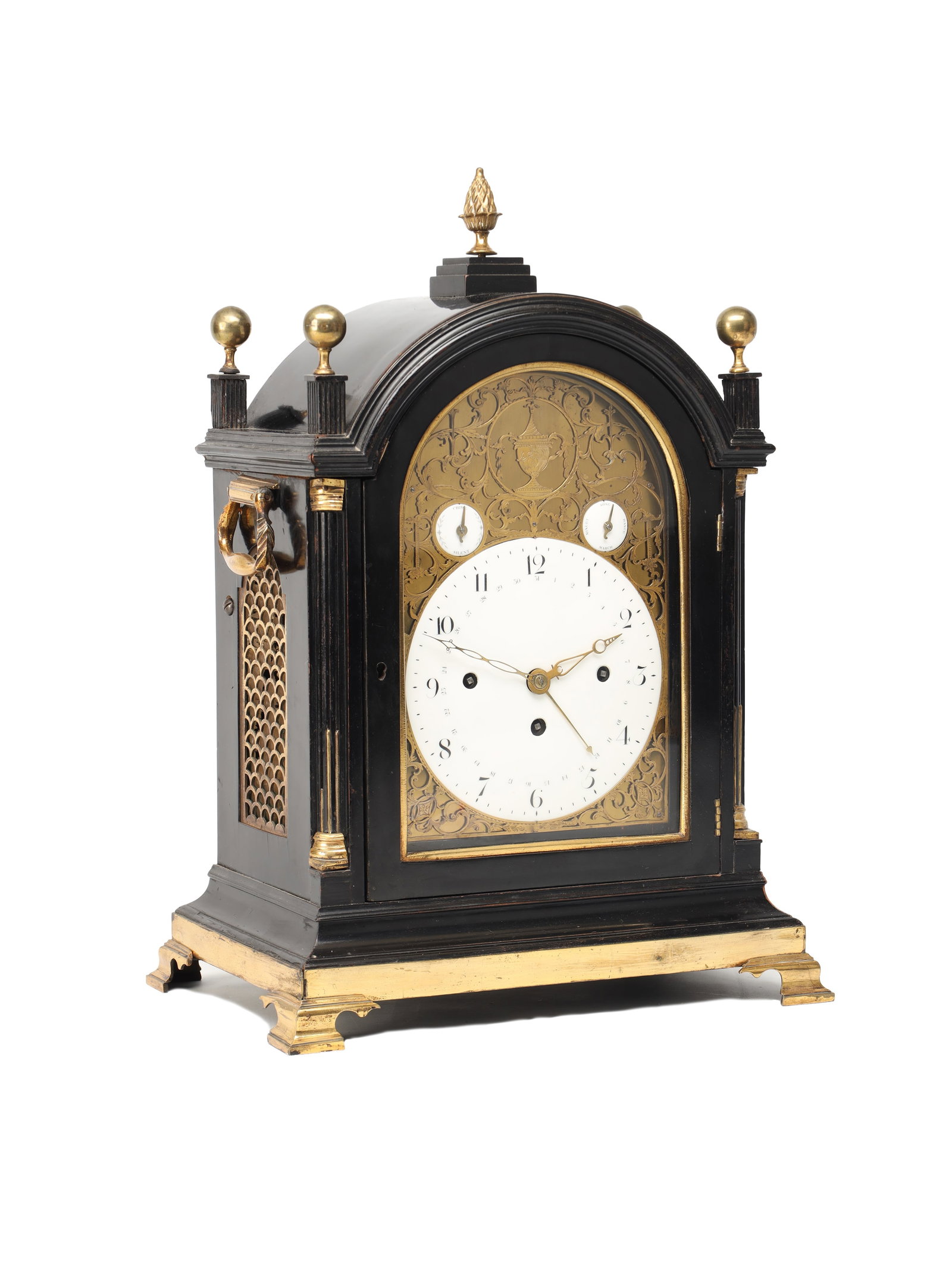 KENTISH & HAYNES, LONDON. A GEORGE III EBONISED TRIPLE FUSEE MUSICAL BRACKET CLOCK CHIMING ON: KENTISH & HAYNES, LONDON. A GEORGE III EBONISED TRIPLE FUSEE MUSICAL BRACKET CLOCK CHIMING ON FOURTEEN BELLS of arched case with urn and ball gilt finials, pierced side sound frets and gilt-mounted pl
