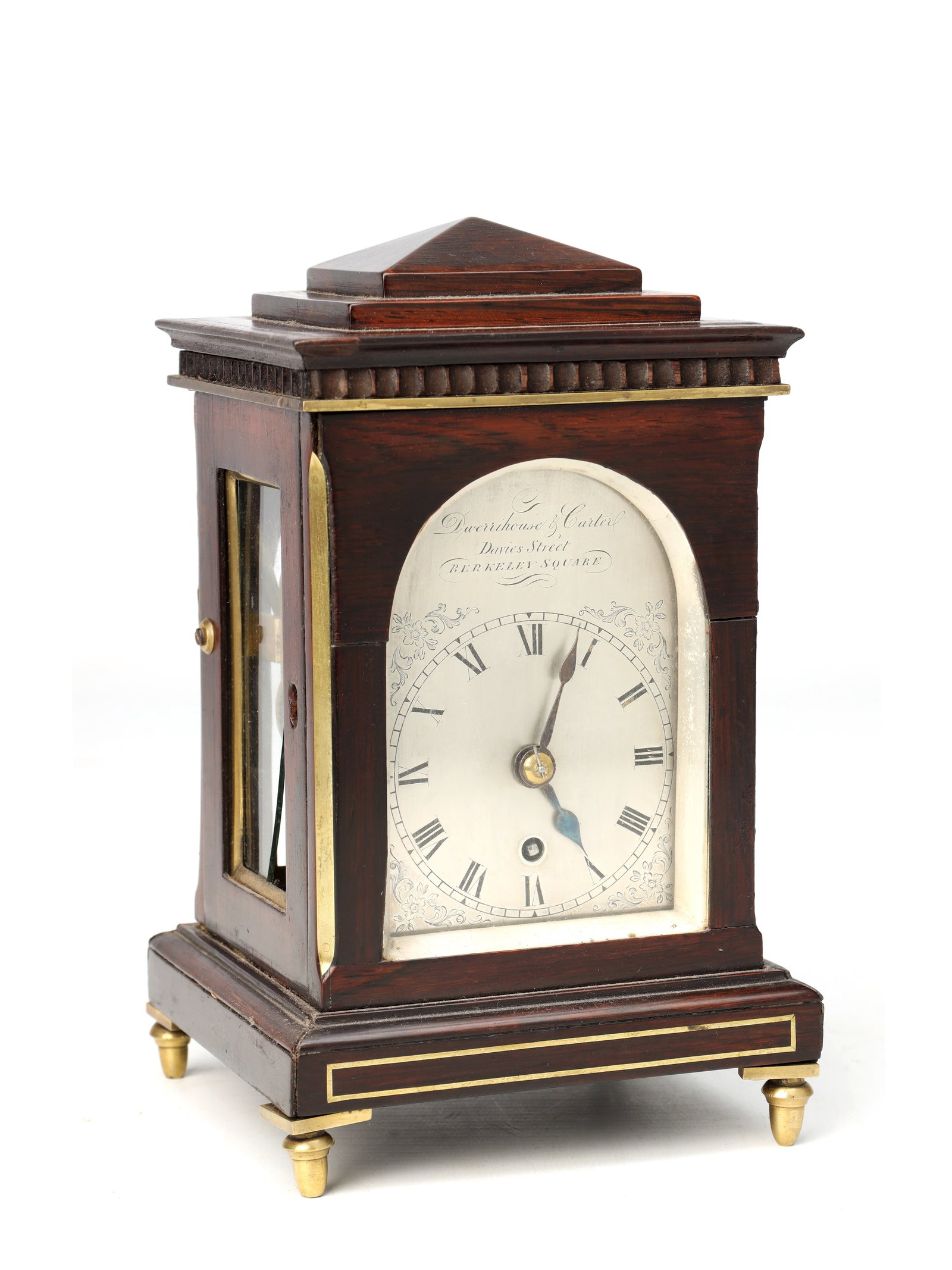 DWERRIHOUSE & CARTER, LONDON. A REGENCY MINIATURE ROSEWOOD AND BRASS INLAID LIBRARY MANTEL CLOCK (1 of 7)