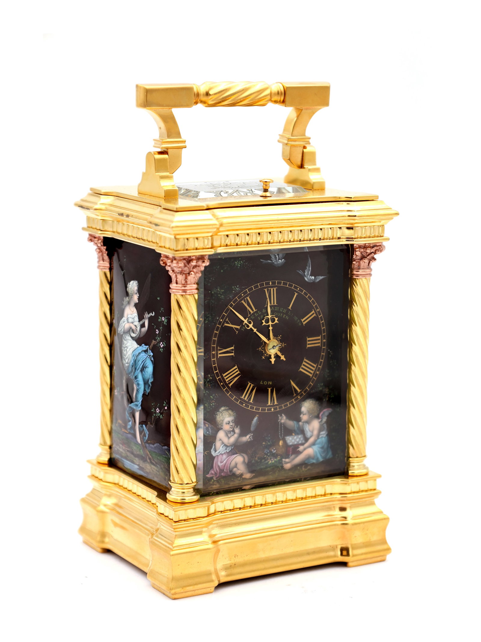 A RARE LATE 19TH CENTURY GILT CASED REPEATING CARRIAGE CLOCK WITH LIMOGES ENAMEL PANELS: A RARE LATE 19TH CENTURY GILT CASED REPEATING CARRIAGE CLOCK WITH LIMOGES ENAMEL PANELS having a stepped plinth base and twisted columns with Corinthian capitals, the panels depicting winged classical