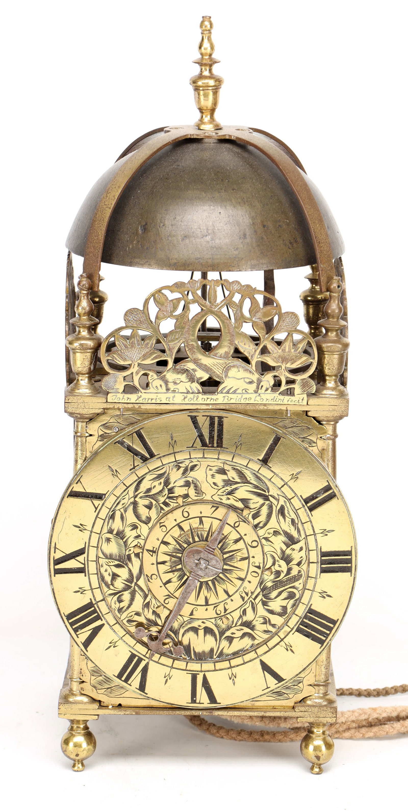 JOHN HARRIS, LONDON. A CHARLES II BRASS STRIKING LANTERN CLOCK WITH BALANCE WHEEL VERGE ESCAPEMENT (1 of 14)