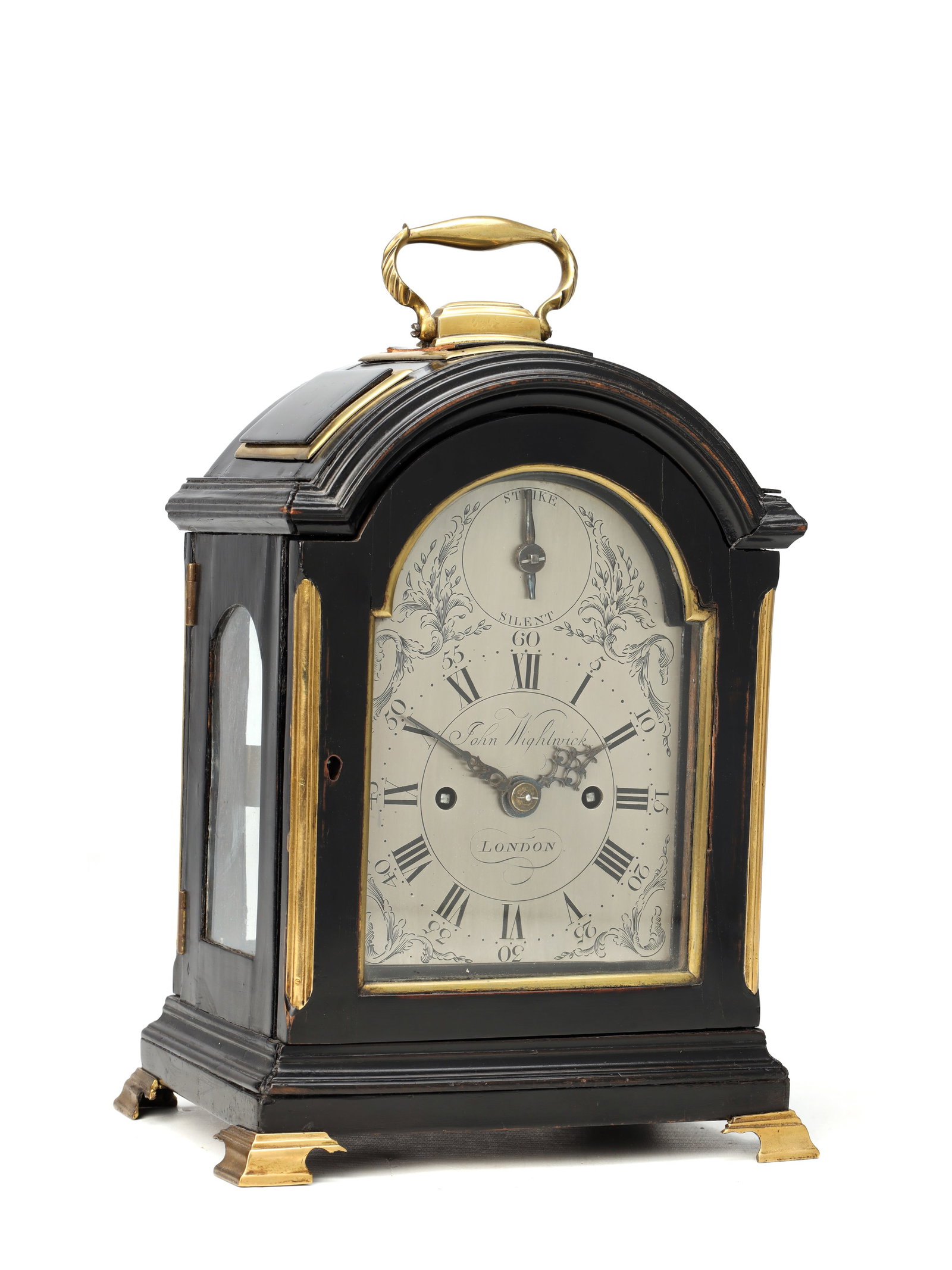 JOHN WIGHTWICK, LONDON. A RARE GEORGE III MINIATURE EBONISED TRIPLE PAD TOP VERGE BRACKET CLOCK (1 of 11)