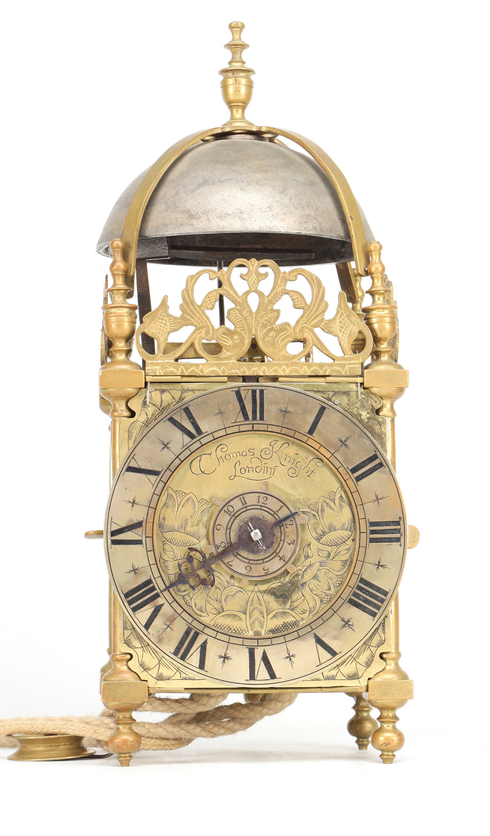 THOMAS KNIGHT, LONDON. A 17TH CENTURY BRASS VERGE STRIKING LANTERN CLOCK WITH ALARM (1 of 16)