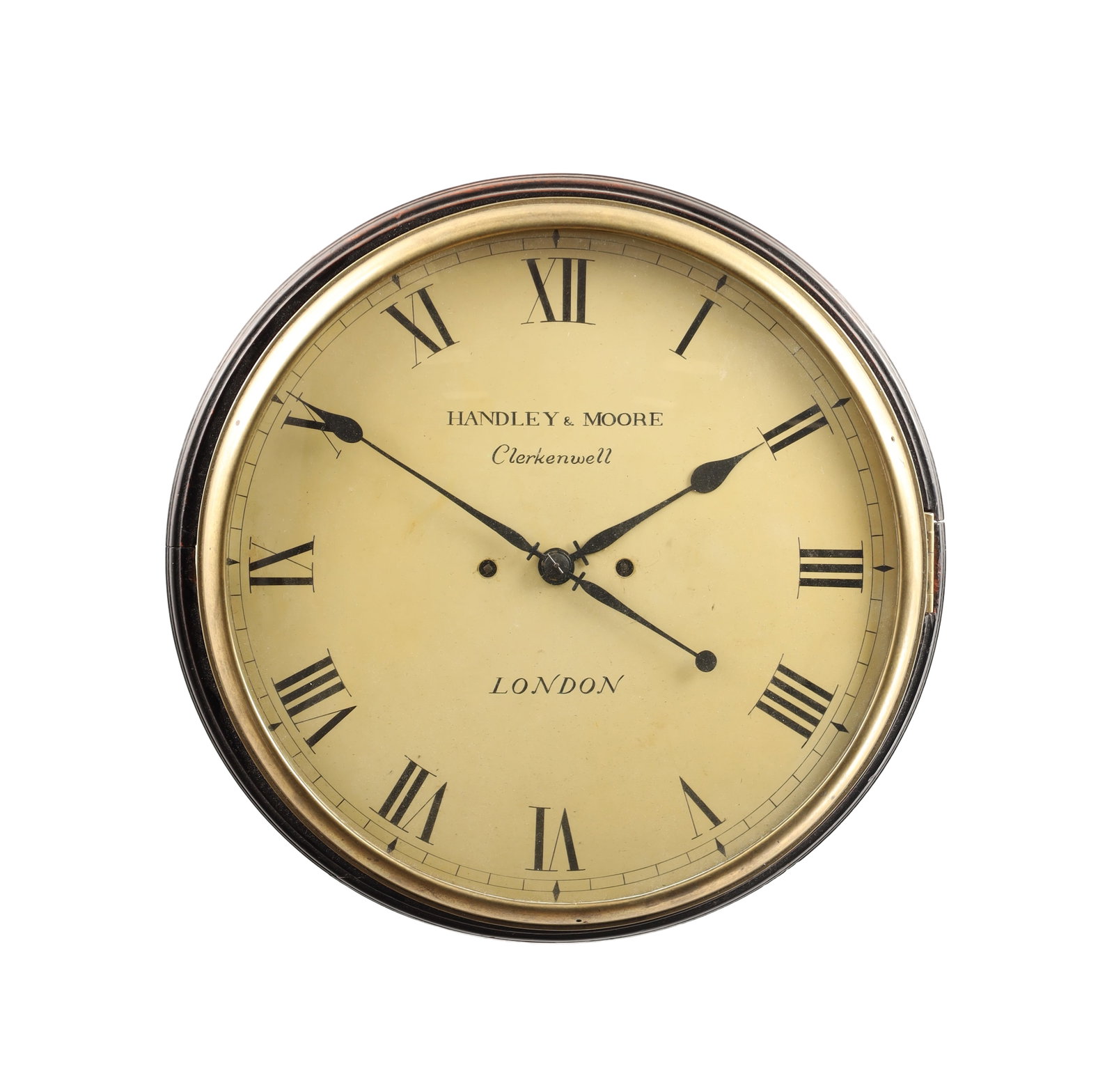 HANDLEY & MOORE, LONDON. A REGENCY EBONISED DOUBLE FUSEE STRIKING WALL CLOCK: HANDLEY & MOORE, LONDON. A REGENCY EBONISED DOUBLE FUSEE STRIKING WALL CLOCK ebonised case with narrow moulded surround and cast brass bezel enclosing a 12' painted Roman dial; fronting an eight day d