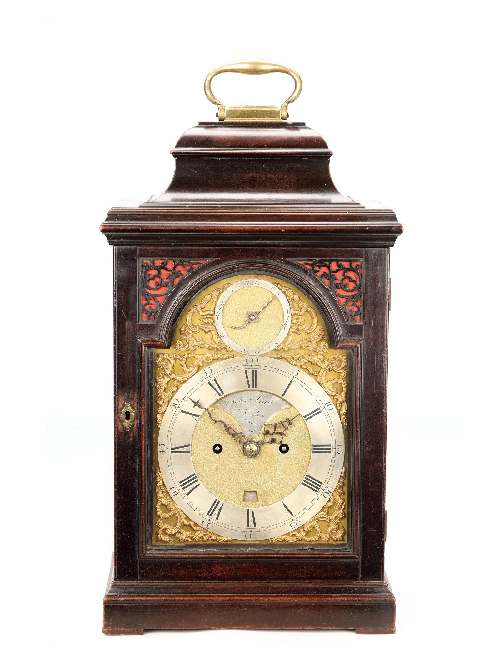 JOHN PRATT, LONDON. A GEORGE III EBONISED VERGE STRIKING BRACKET CLOCK: JOHN PRATT, LONDON. A GEORGE III EBONISED VERGE STRIKING BRACKET CLOCK in an ebonised caddy top case with brass carrying handle and red-backed pierced sound frets, enclosing a 7' arched brass dial wit
