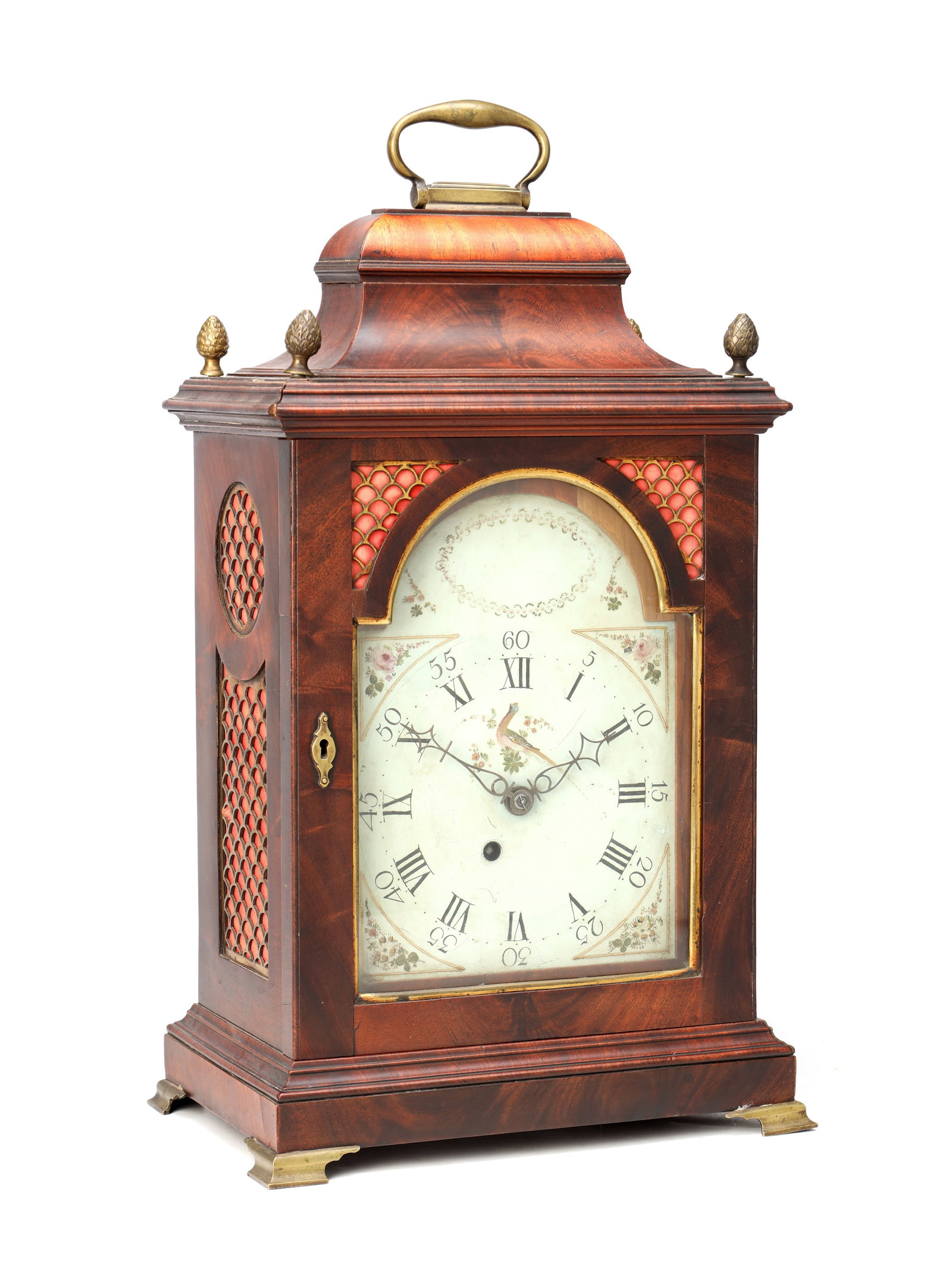 WILLIAM NICKISSON, NEWCASTLE-UNDER-LYME. A GEORGE III FIGURED MAHOGANY PULL QUARTER REPEATING: WILLIAM NICKISSON, NEWCASTLE-UNDER-LYME. A GEORGE III FIGURED MAHOGANY PULL QUARTER REPEATING VERGE BRACKET CLOCK of caddy top form with brass carry handle and four acorn finials, the case with pierce