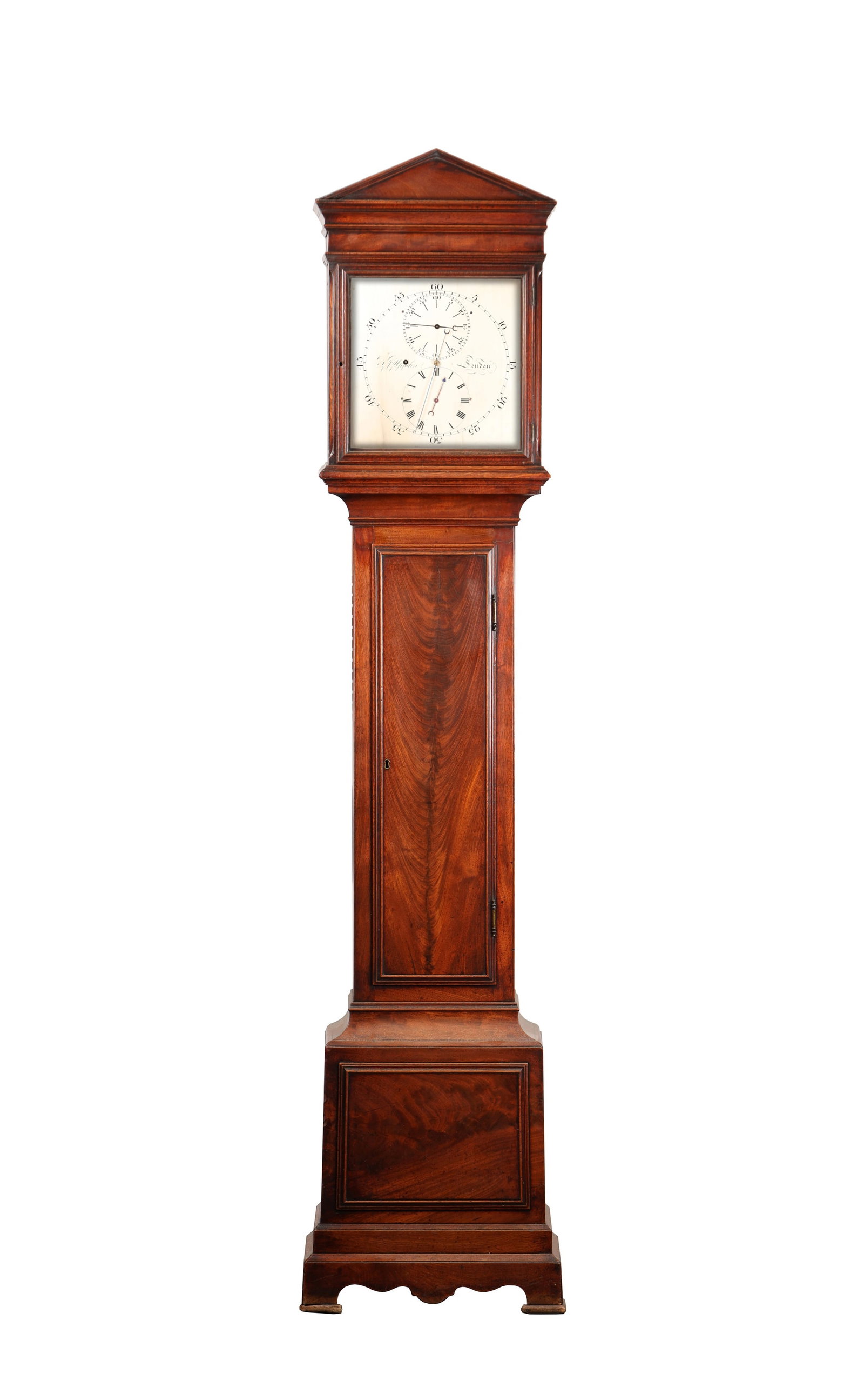 T. J. UPJOHN, LONDON. A GEORGE III FIGURED MAHOGANY REGULATOR LONGCASE CLOCK (1 of 7)