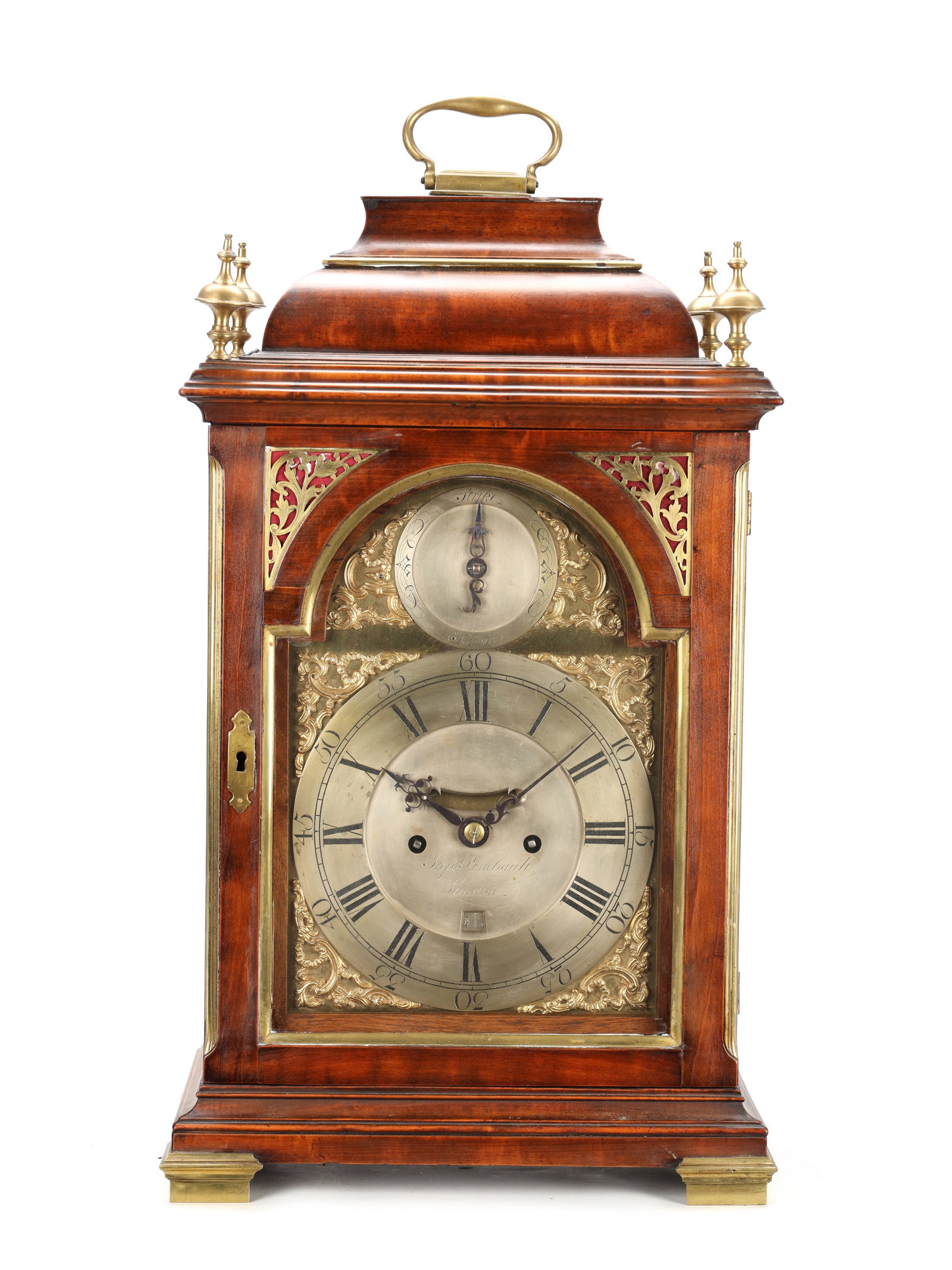 STEPHEN RIMBAULT, LONDON. A GEORGE III FRUITWOOD VENEERED VERGE BRACKET CLOCK (1 of 12)
