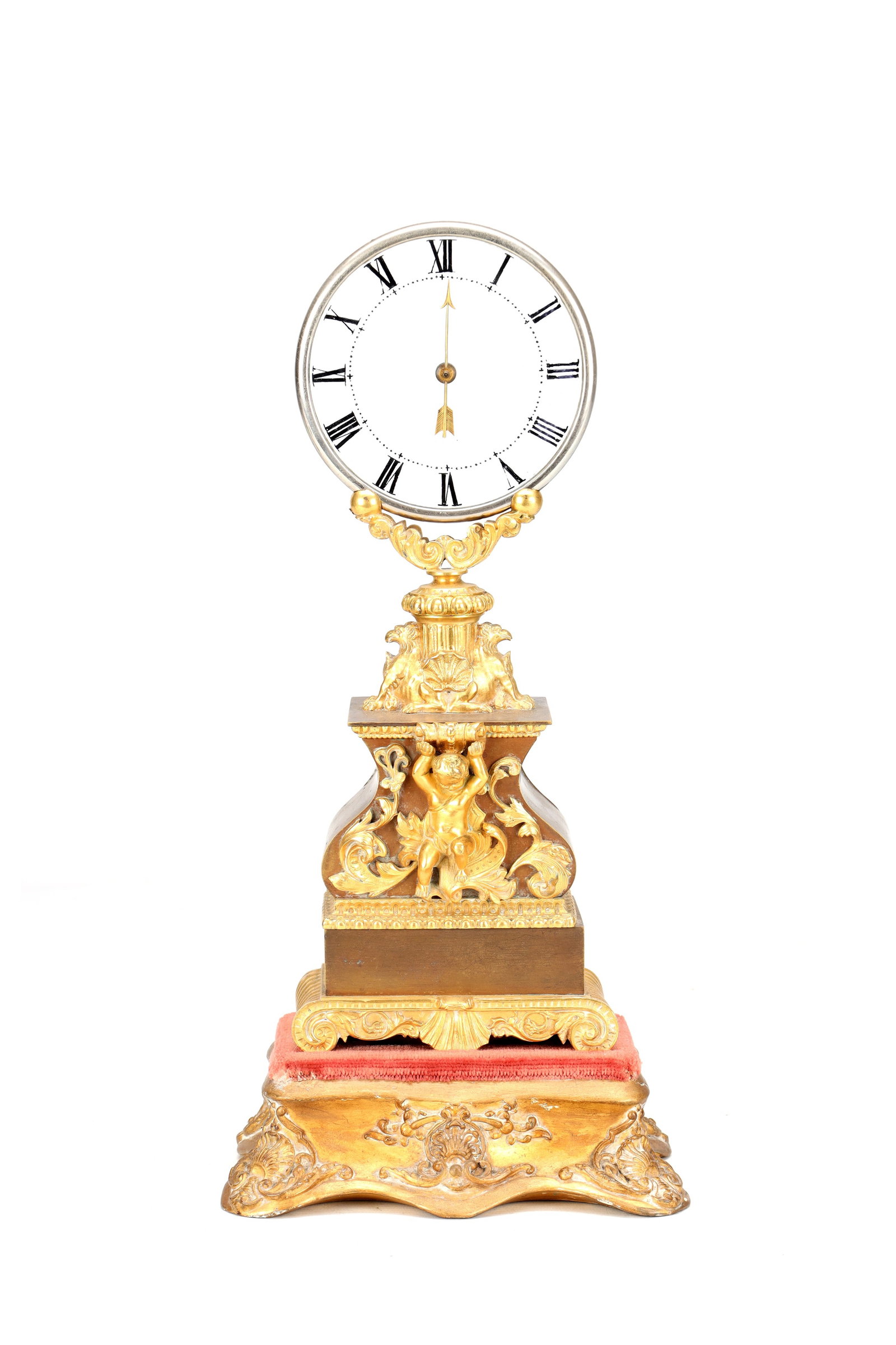 ATT. TO JEAN EUGENE ROBERT-HOUDIN, PARIS. A RARE LATE 19TH CENTURY ORMOLU AND PATINATED BRONZE MYSTE: ATT. TO JEAN EUGENE ROBERT-HOUDIN, PARIS. A RARE LATE 19TH CENTURY ORMOLU AND PATINATED BRONZE MYSTERY CLOCK with a vase-shaped patinated bronze stand applied with ormolu putti and scrollwork on a scr