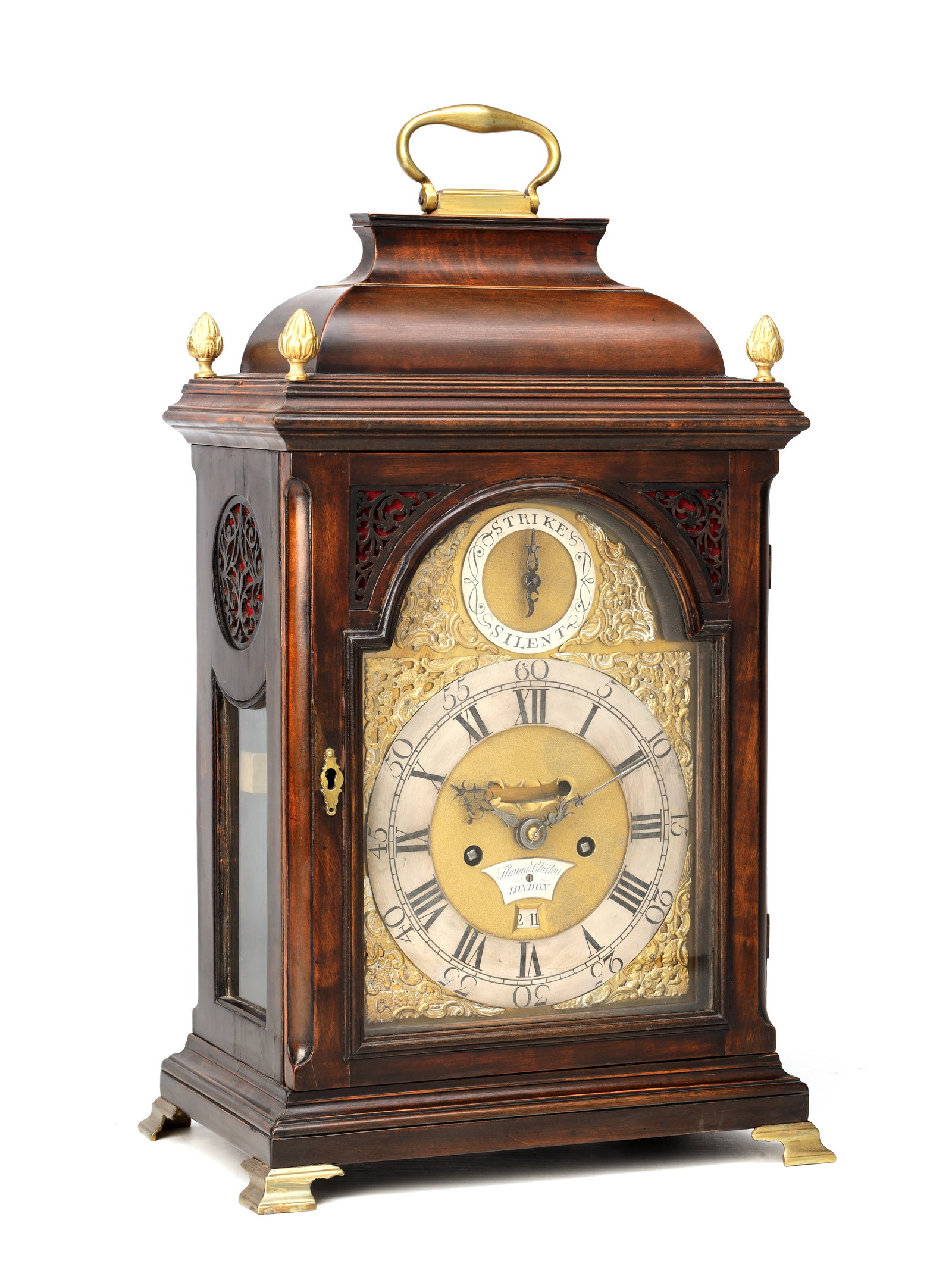 THOMAS CHILTON, LONDON. A GEORGE III FRUITWOOD VERGE STRIKING BELL TOP BRACKET CLOCK (1 of 12)