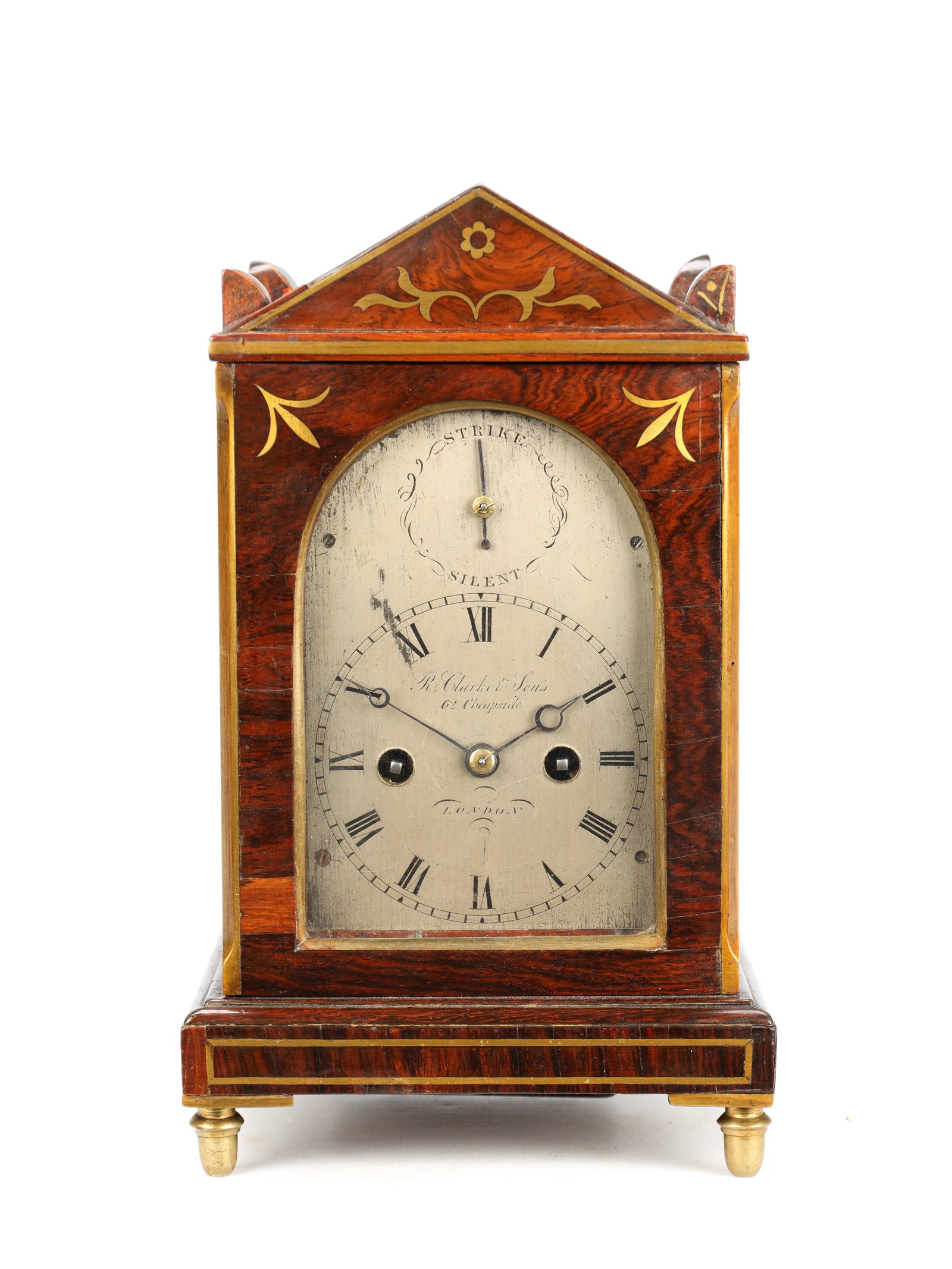 A CIRCA 1815 ENGLISH ROSEWOOD MINIATURE TWIN FUSEE MANTEL CLOCK BY RICHARD CLARKE & SONS, LONDON (1 of 9)