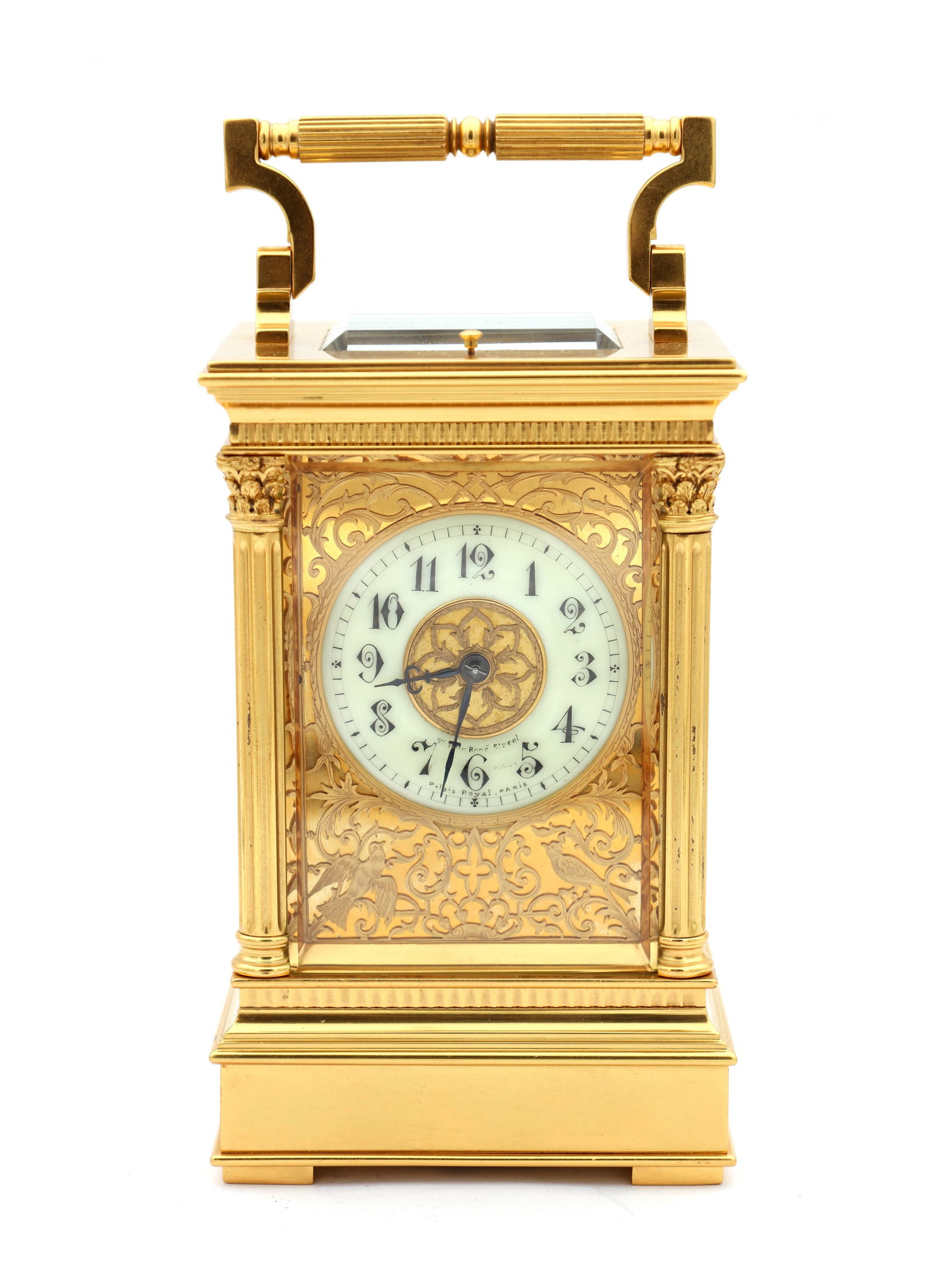 A RARE LATE 19TH CENTURY FRENCH LEROY & FILS, PARIS GILT BRASS BOTTOM WINDING FILIGREE PANELLED: A RARE LATE 19TH CENTURY FRENCH LEROY & FILS, PARIS GILT BRASS BOTTOM WINDING FILIGREE PANELLED REPEATING CARRIAGE CLOCK having Corinthian collared fluted columns and foliate engraved pierced panels w