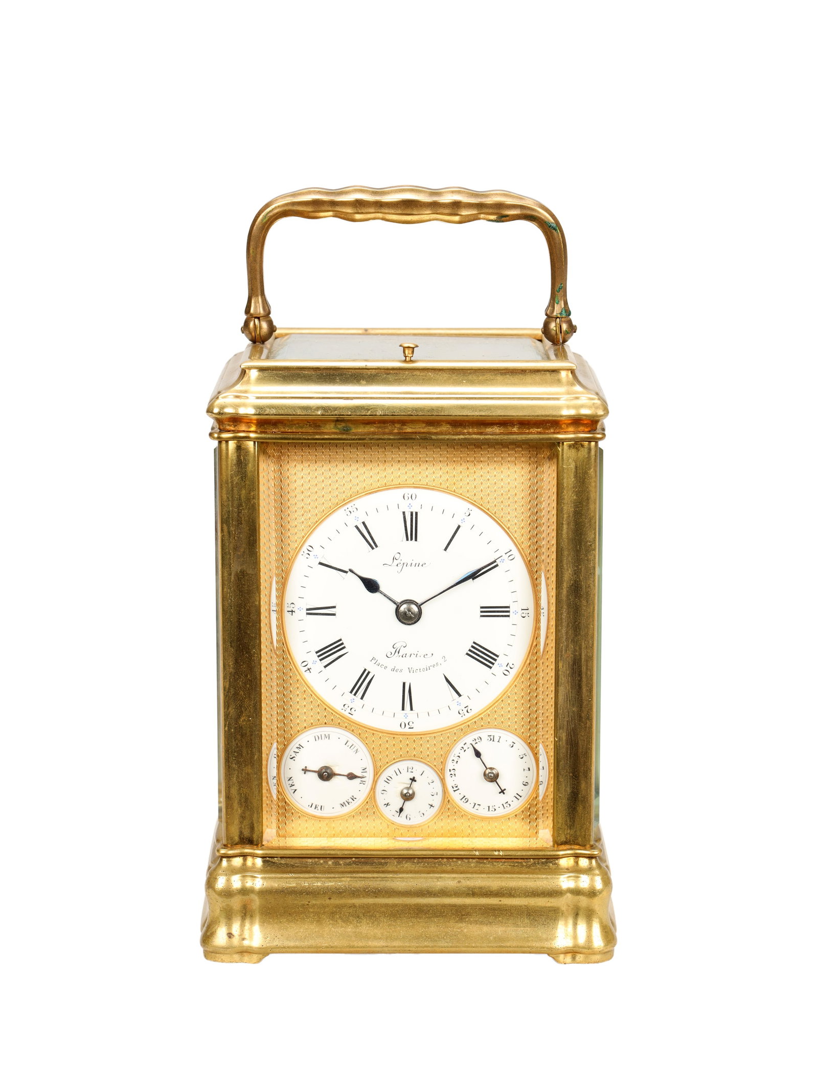 LEPINE, PARIS. A FRENCH GILT BRASS GORGE CASED GRAND SONNERIE REPEATING CARRIAGE CLOCK WITH ALARM: LEPINE, PARIS. A FRENCH GILT BRASS GORGE CASED GRAND SONNERIE REPEATING CARRIAGE CLOCK WITH ALARM having bevelled glass panels and a shaped carrying handle, enclosing a gilt engine-turned mask and whi