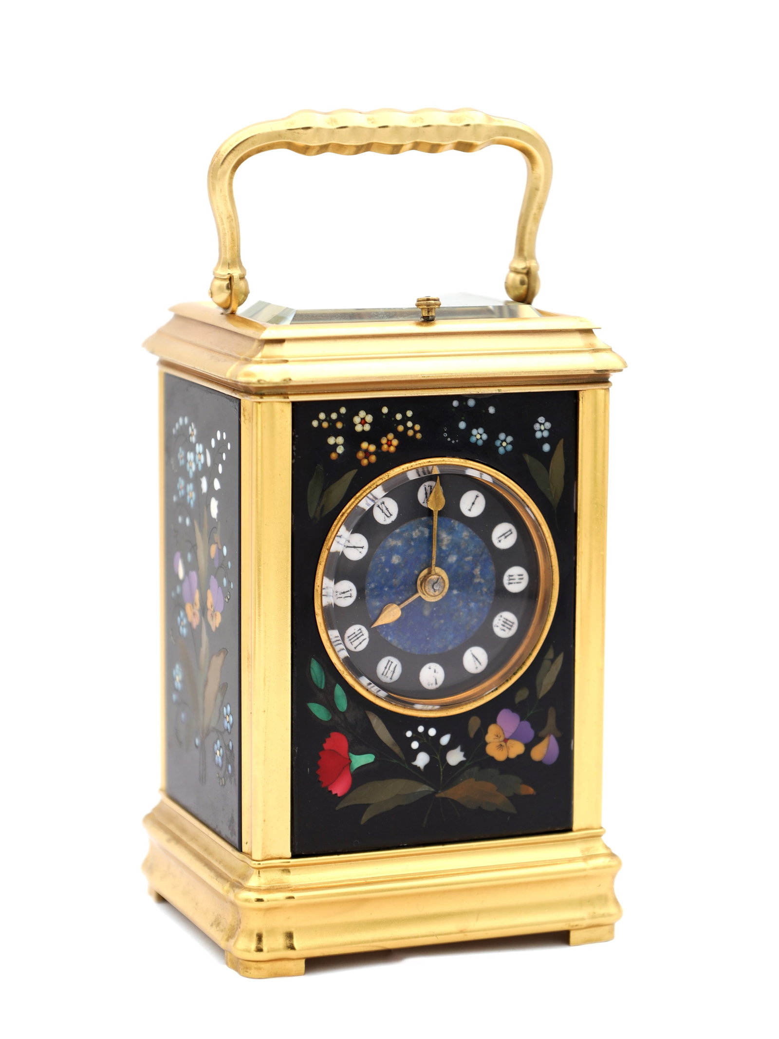 A RARE LATE 19TH CENTURY FRENCH GILT BRASS AND PIETRA JURA PANELLED REPEATING CARRIAGE CLOCK: A RARE LATE 19TH CENTURY FRENCH GILT BRASS AND PIETRA JURA PANELLED REPEATING CARRIAGE CLOCK the gorge case enclosing foliate inlaid marble panels and a marble dial with lapis lazuli centre, fronting 