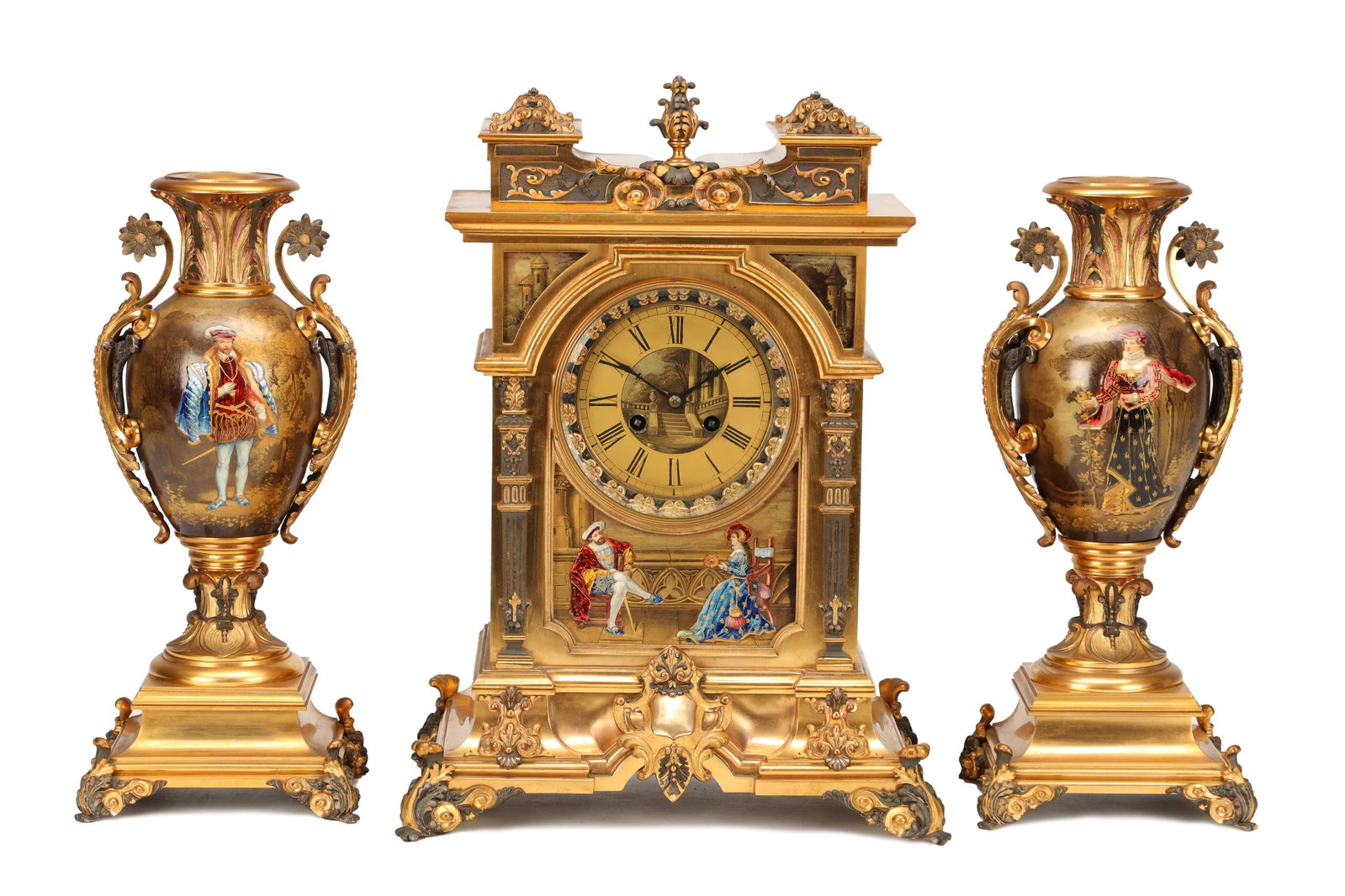 A FINE LATE 19TH CENTURY FRENCH LIMOGES ENAMEL AND ORMOLU CLOCK GARNITURE (1 of 20)