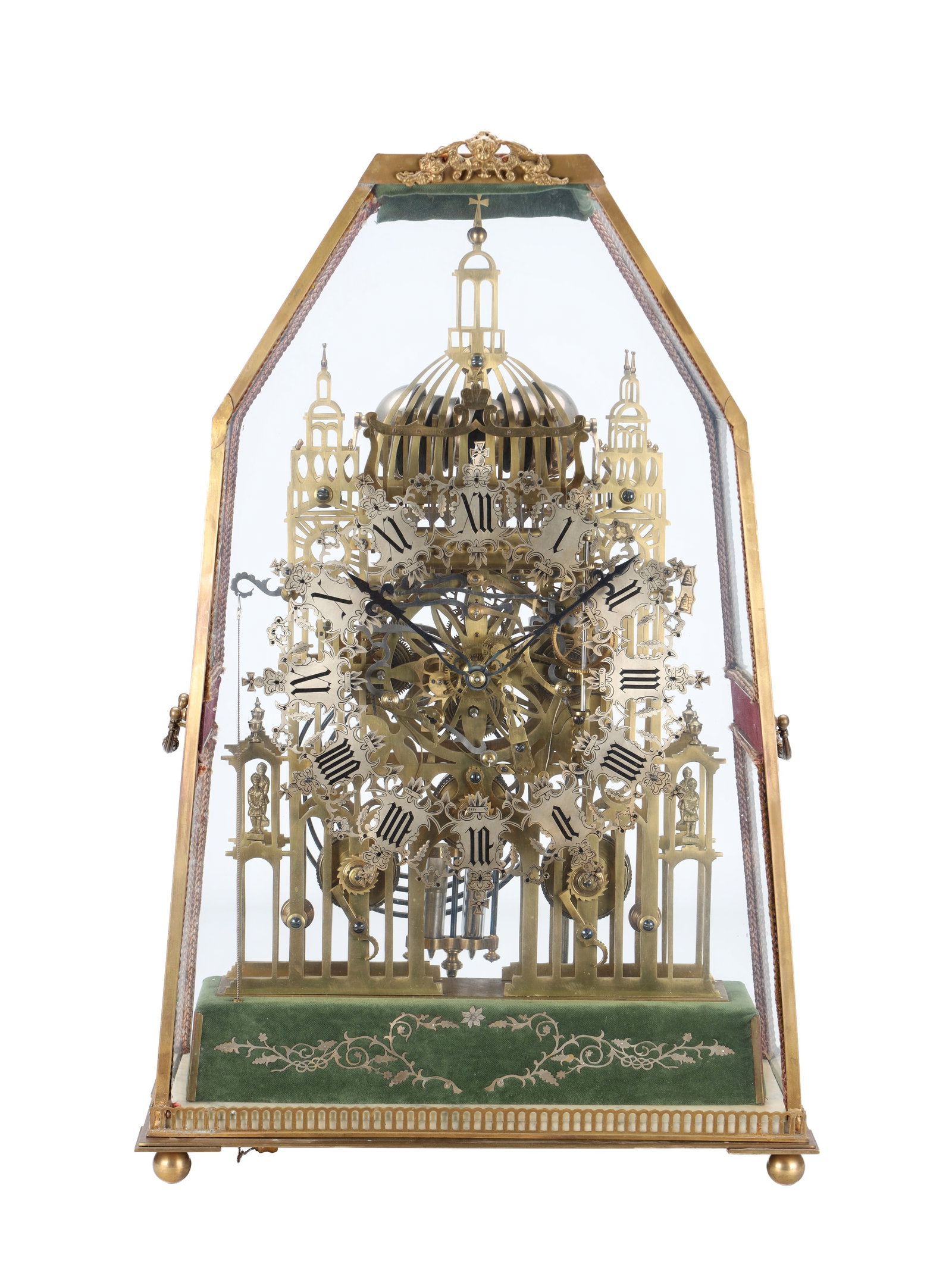 AN IMPRESSIVE 20TH CENTURY BRASS ST. PAUL'S CATHEDRAL THREE TRAIN QUARTER-STRIKING SKELETON CLOCK: AN IMPRESSIVE 20TH CENTURY BRASS ST. PAUL'S CATHEDRAL THREE TRAIN QUARTER-STRIKING SKELETON CLOCK under a brass-framed glass dome, the elaborate architectural frame with cast figural guards raised on 