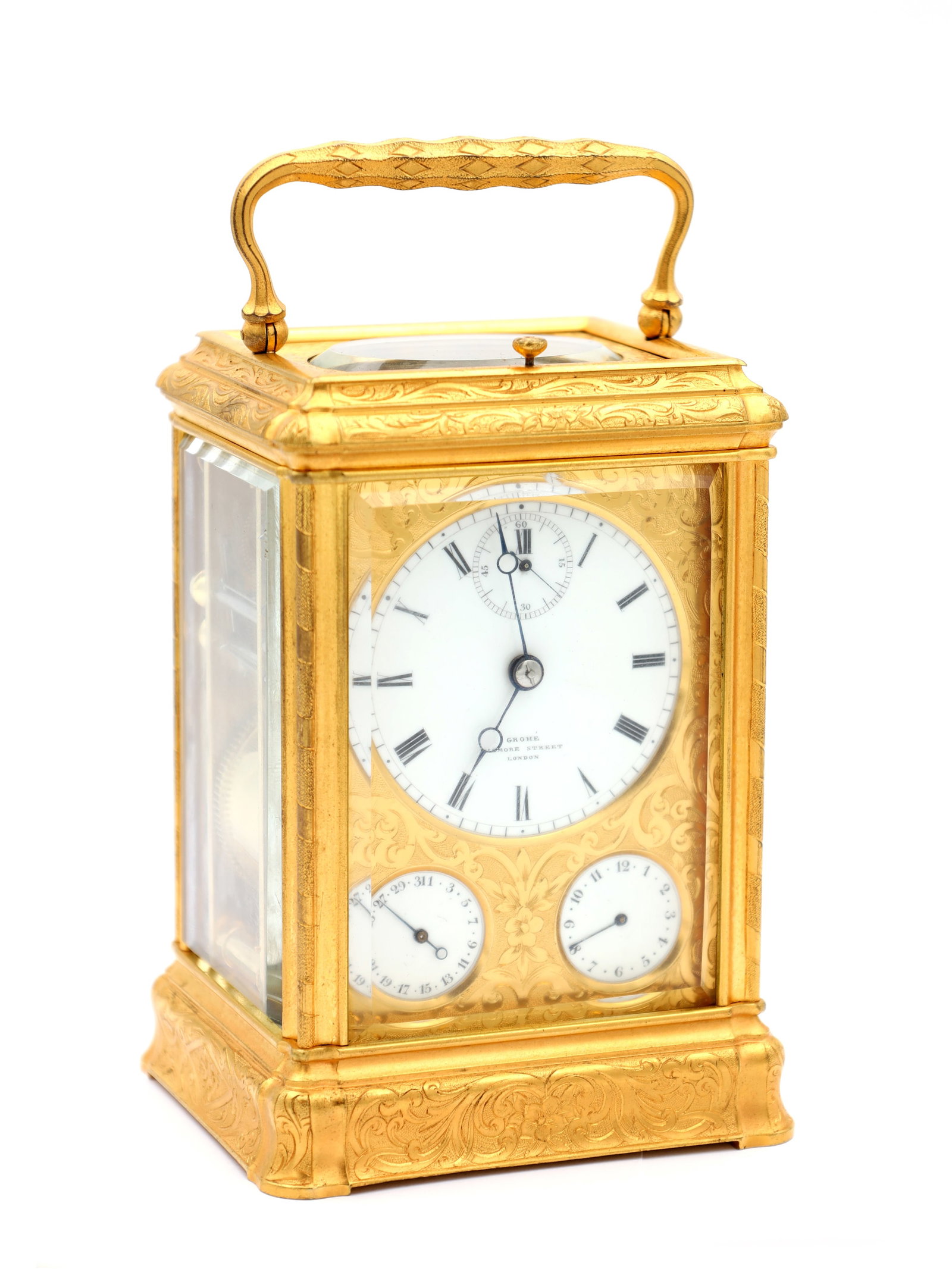GROHE, WIGMOOR STREET, LONDON A FINE LATE 19TH CENTURY FRENCH GORGE ENGRAVED PETITE SONNERIE: GROHE, WIGMOOR STREET, LONDON A FINE LATE 19TH CENTURY FRENCH GORGE ENGRAVED PETITE SONNERIE CARRIAGE CLOCK WITH CALENDAR WORK having a shuttered rear door, enclosing a masked white enamel dial with s