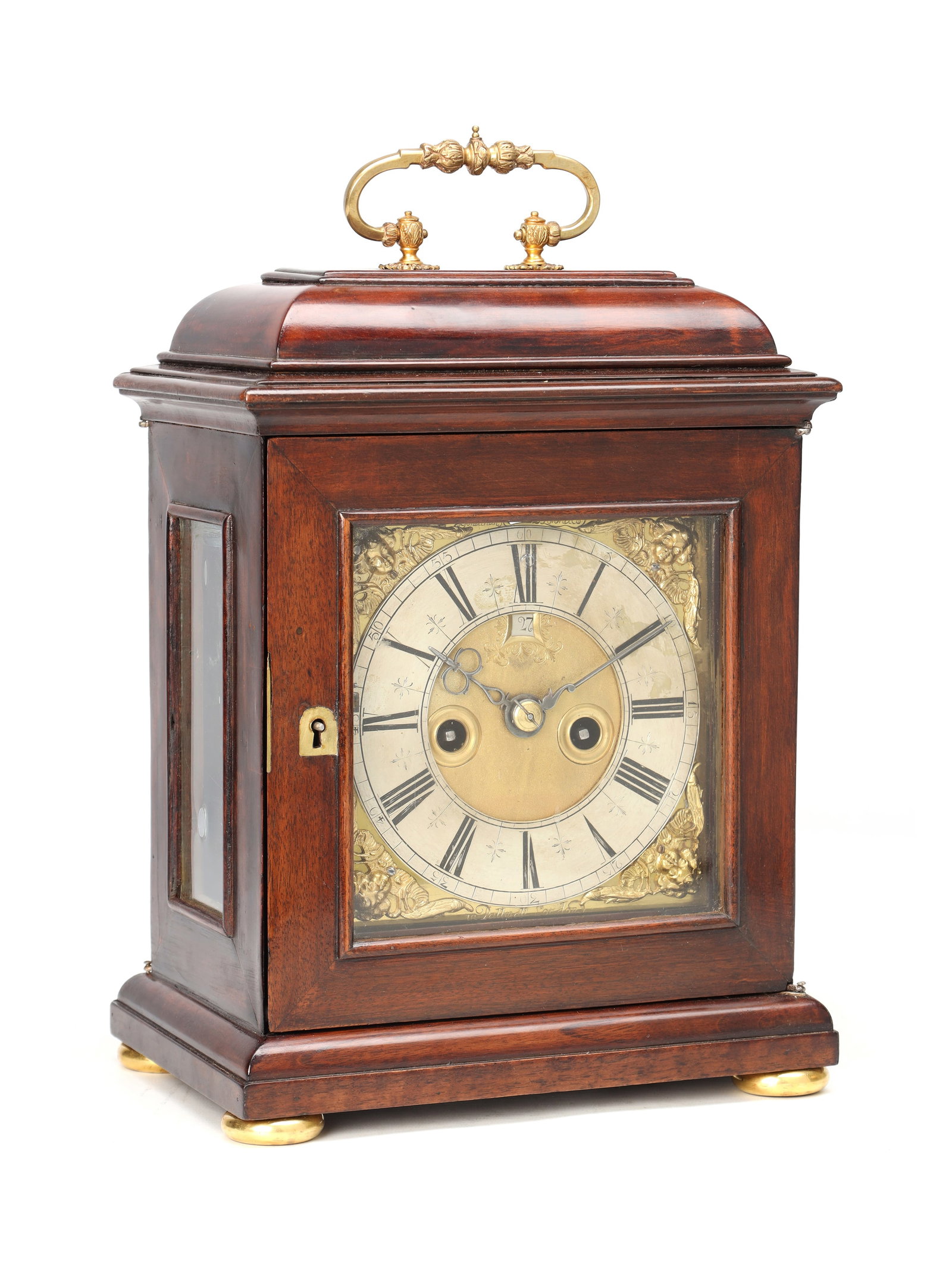 JONATHAN LOWNDES, LONDON. A WILLIAM AND MARY FRUITWOOD VENEERED STRIKING VERGE BRACKET CLOCK WITH: JONATHAN LOWNDES, LONDON. A WILLIAM AND MARY FRUITWOOD VENEERED STRIKING VERGE BRACKET CLOCK WITH PULL QUARTER REPEAT having a domed top with brass carrying handle, enclosing a 6 1/2' square gilt bras