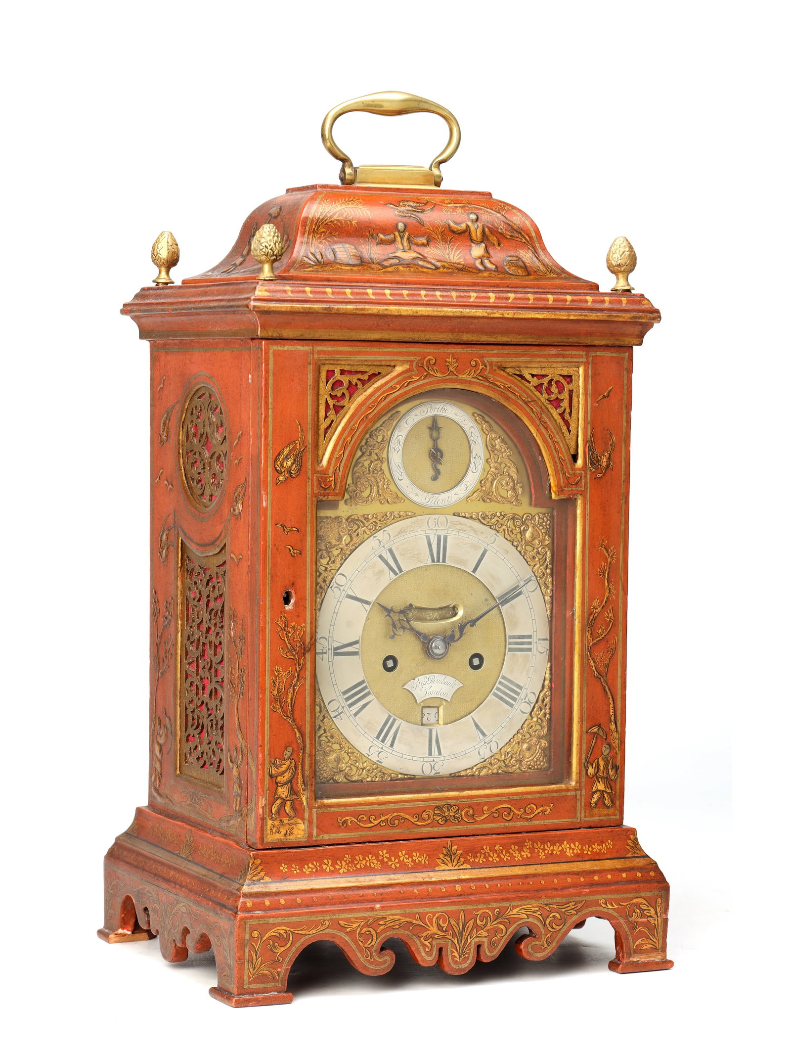 STEPHEN RIMBAULT, LONDON. A MID 18TH CENTURY SCARLET LACQUER CHINOISERIE VERGE BRACKET CLOCK: STEPHEN RIMBAULT, LONDON. A MID 18TH CENTURY SCARLET LACQUER CHINOISERIE VERGE BRACKET CLOCK with caddy dome top, gilt brass carry handle and four finials, pierced side frets and shaped skirt, enclosi