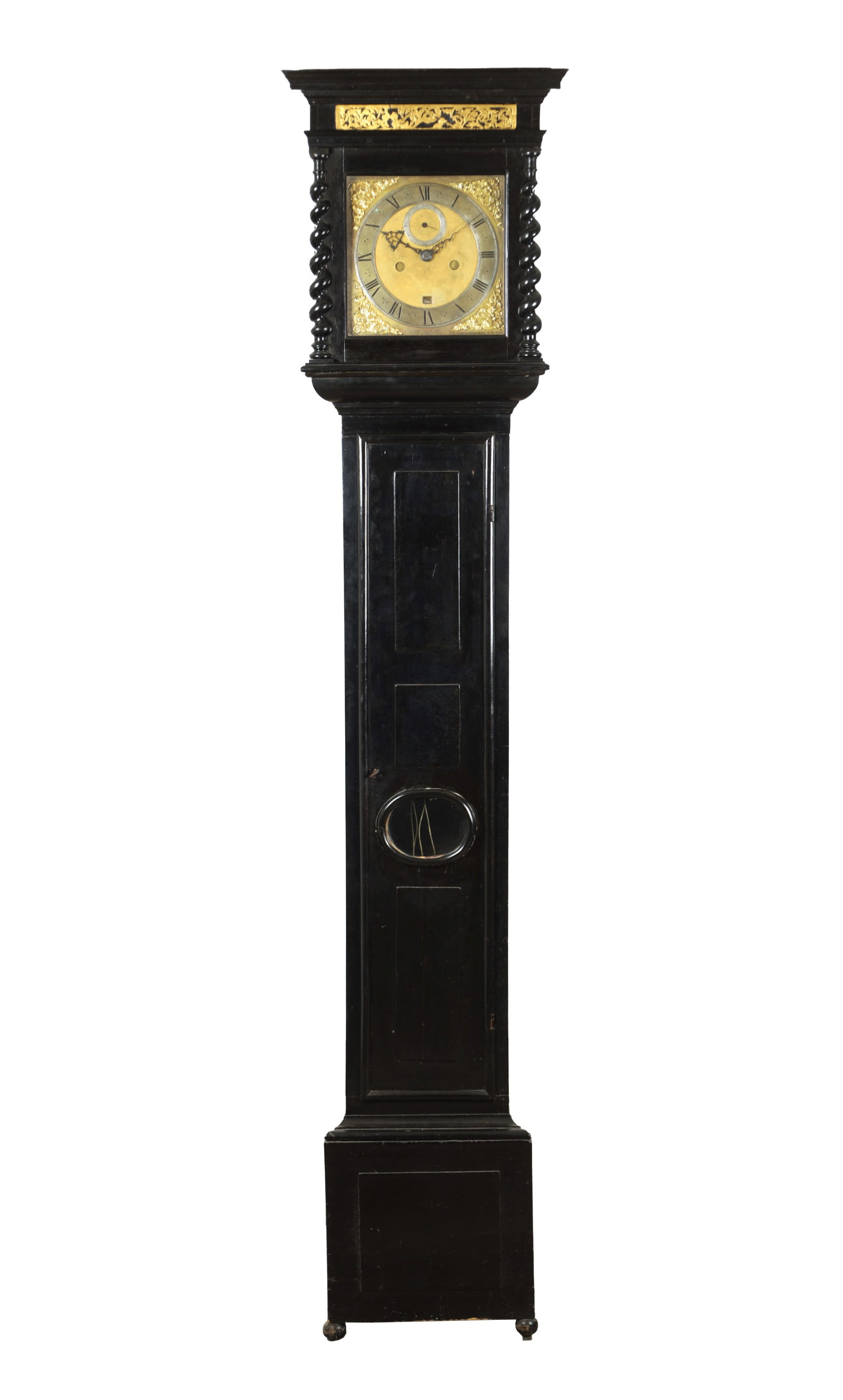 A LATE 17TH CENTURY EBONISED 10' EIGHT DAY LONGCASE CLOCK SIGNED NATHANIEL HODGES, LONDINI: A LATE 17TH CENTURY EBONISED 10' EIGHT DAY LONGCASE CLOCK SIGNED NATHANIEL HODGES, LONDINI having a rising hood with barley twist columns above a slender trunk with panelled door and box base raised o