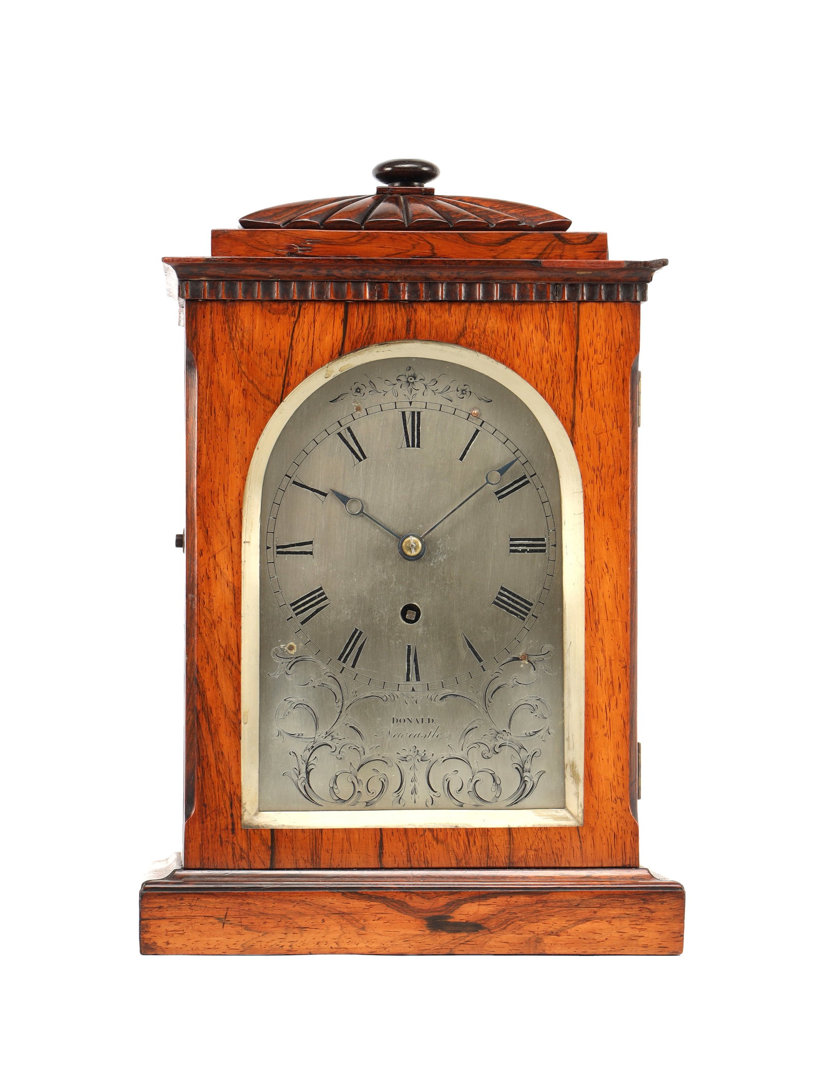 DONALD, NEWCASTLE. A SMALL LATE REGENCY ROSEWOOD FUSEE TIMEPIECE MANTEL CLOCK (1 of 10)
