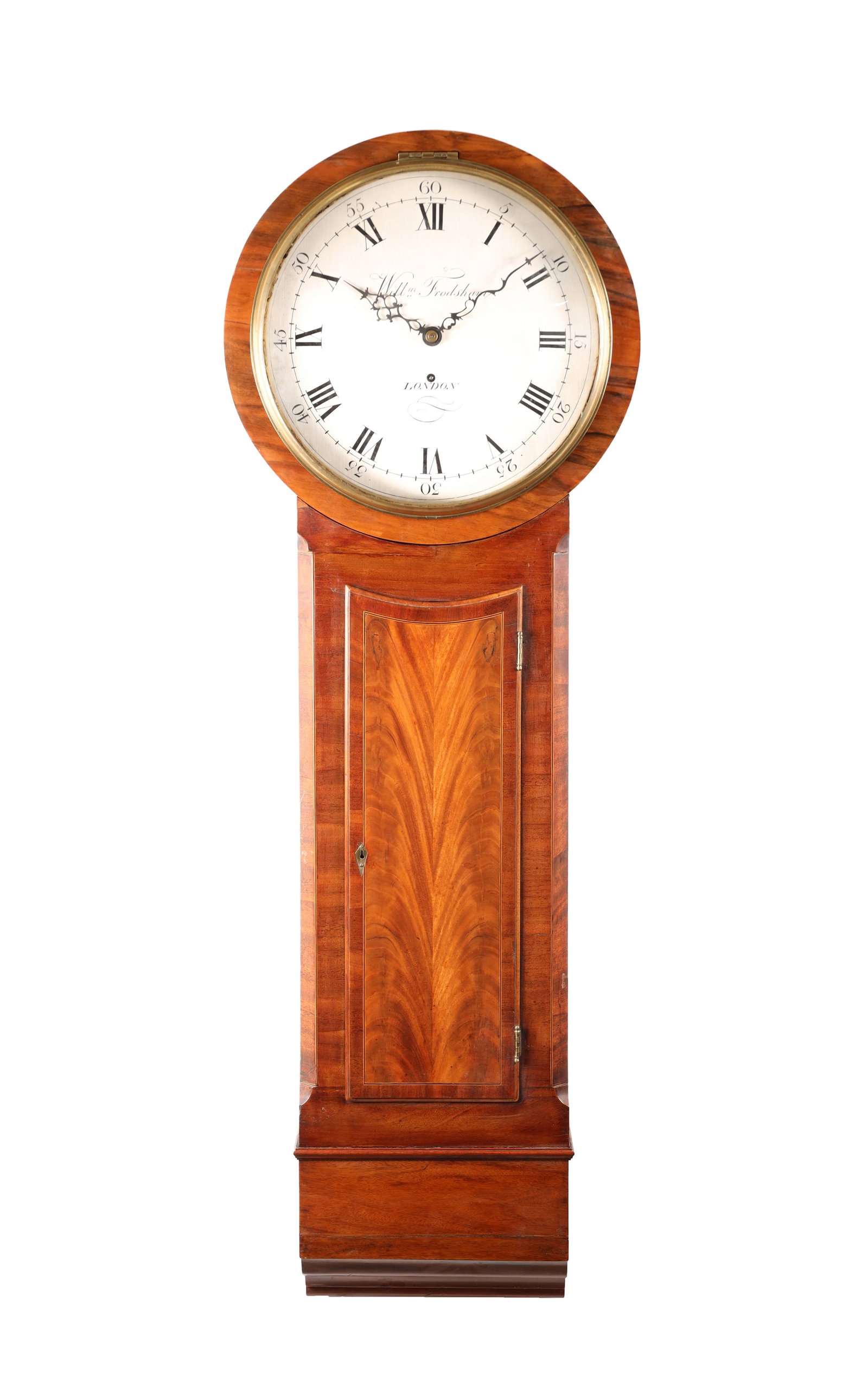 WILLIAM FRODSHAM, LONDON A GEORGE III FIGURED MAHOGANY TRUNK DIAL WALL CLOCK: WILLIAM FRODSHAM, LONDON A GEORGE III FIGURED MAHOGANY TRUNK DIAL WALL CLOCK having a circular hood above a glazed trunk door and panelled base, enclosing a 15' silvered engraved dial with Roman numer