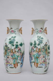 Pair of Chinese vases with double decoration 'sages': Pair of Chinese vases with double decoration 'sages' and 'lui hai' (58cm)